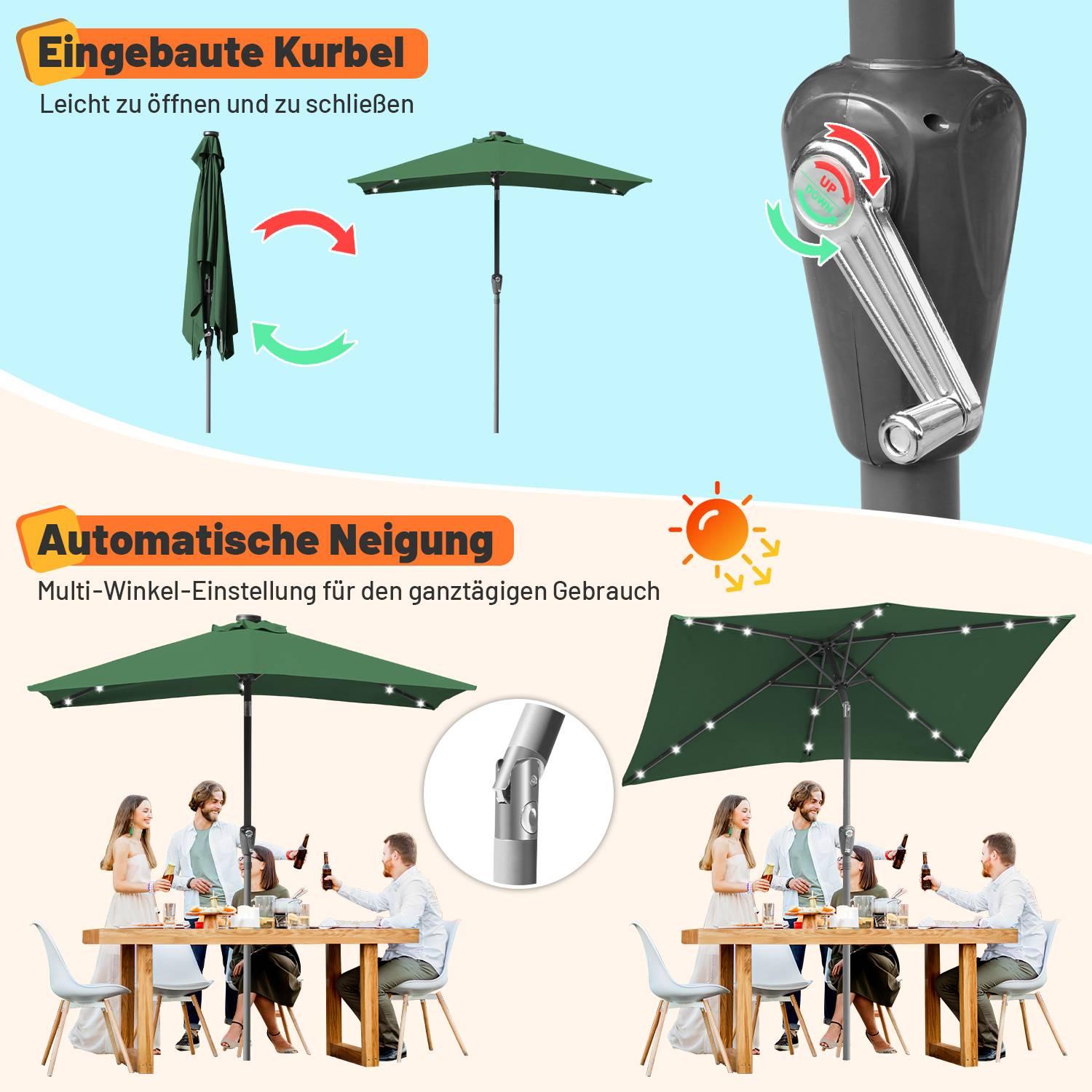 Sonnenschirm 200 x 300cm Gartenschirm Knickbarer Marktschirm Kurbelschirm mit Kurbelvorrichtung,Grün