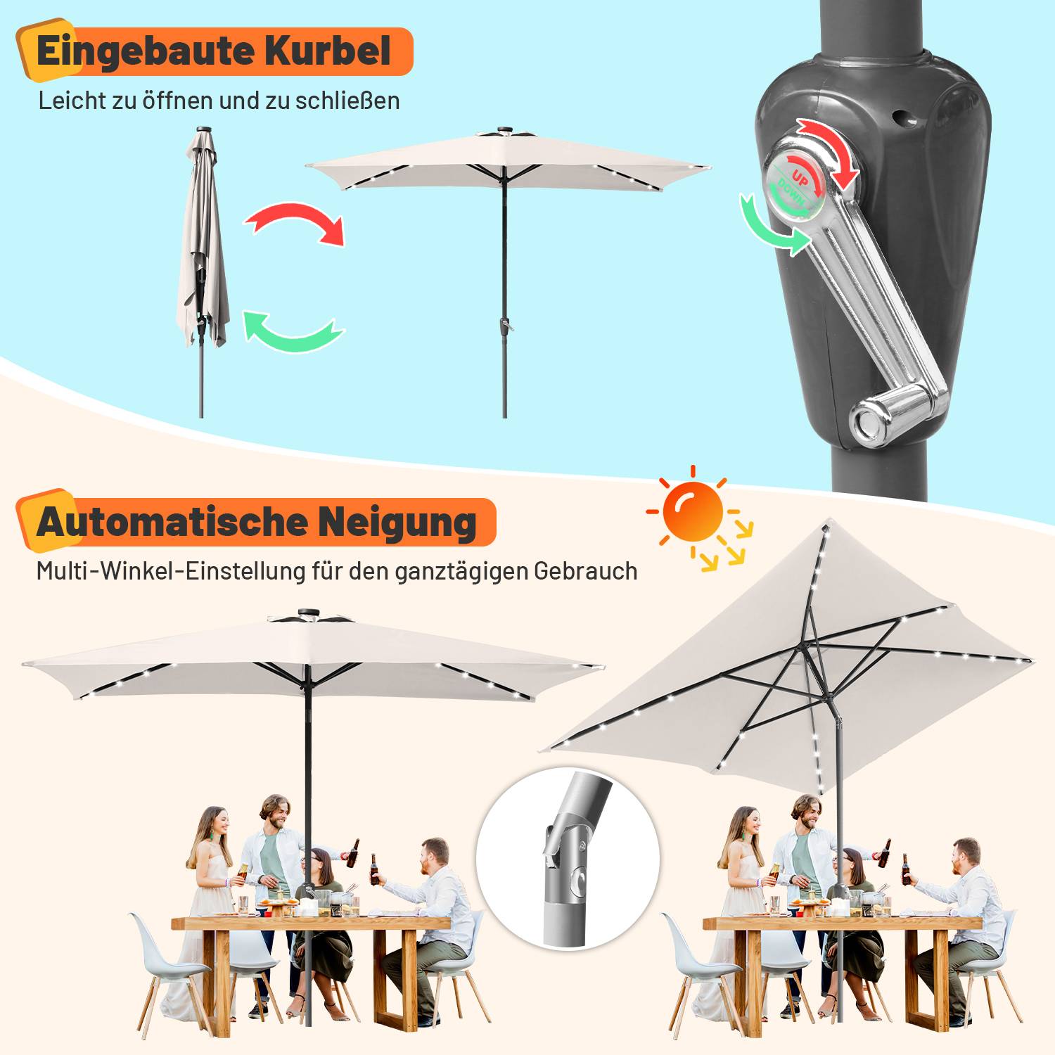 Sonnenschirm 200 x 300cm Gartenschirm Knickbarer Marktschirm Kurbelschirm mit Kurbelvorrichtung,Beige