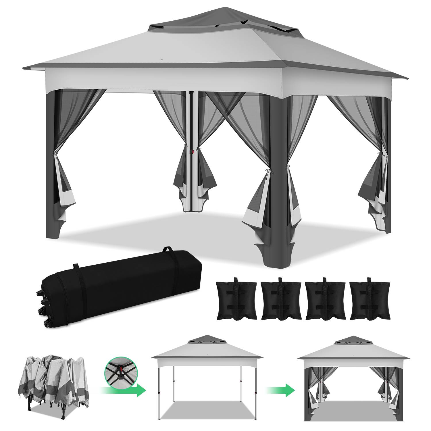 Pavillon 3.3x3.3x2.7M, Faltpavillon,Festzelt Gartenzelt mit 4 Gaze Seitenteilen, UV-Schutz 50+, Doppeltes Dach grau