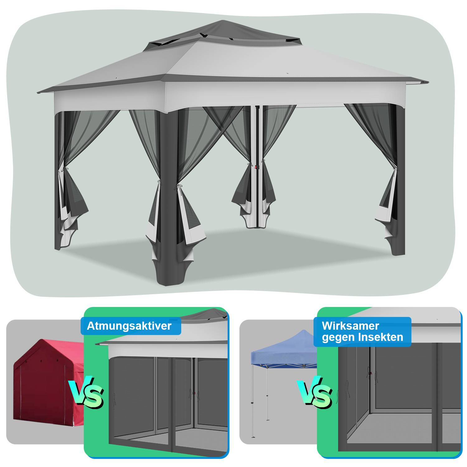 Pavillon 3.3x3.3x2.7M, Faltpavillon,Festzelt Gartenzelt mit 4 Gaze Seitenteilen, UV-Schutz 50+, Doppeltes Dach grau