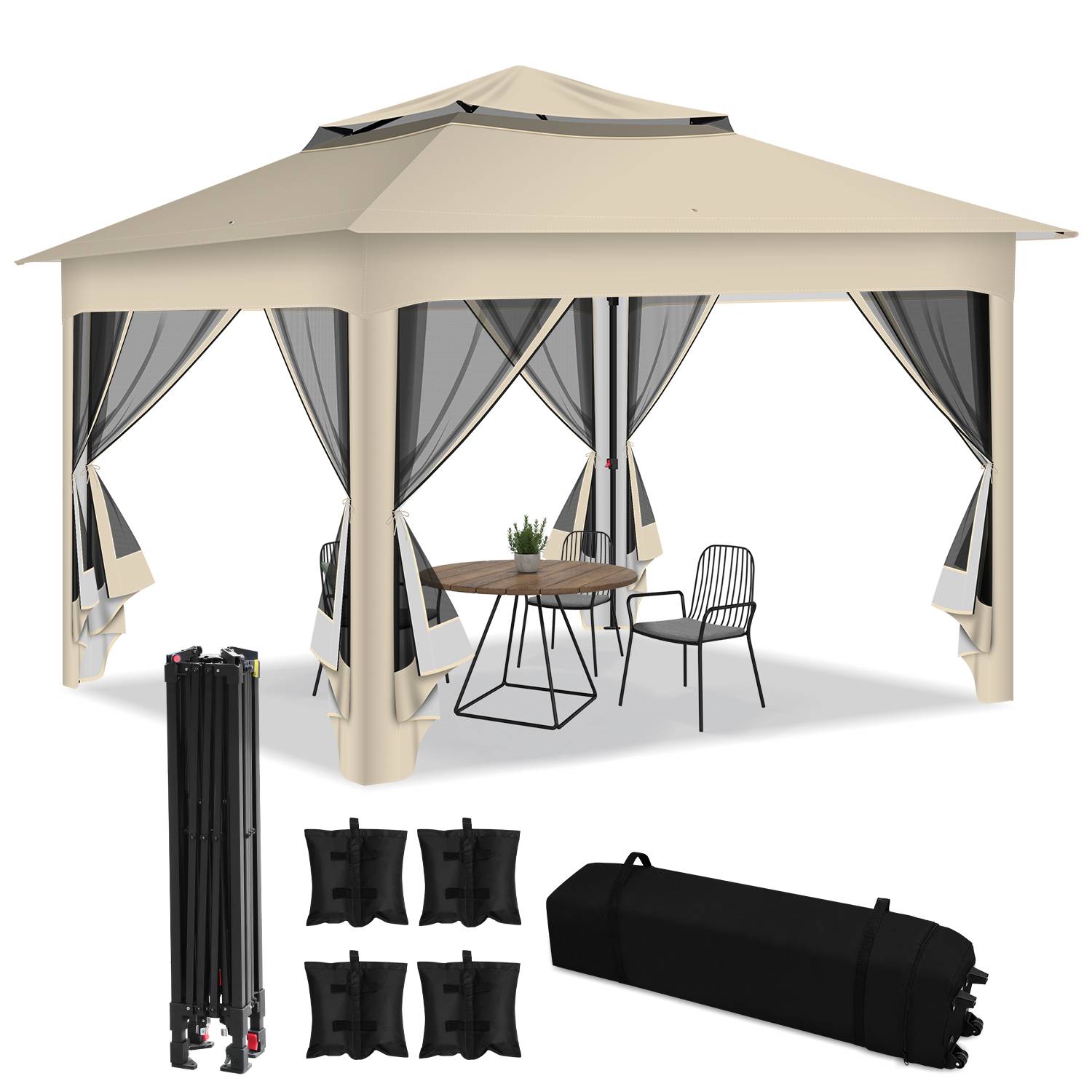 Pavillon 3.3x3.3x2.7M, Faltpavillon,Festzelt Gartenzelt mit 4 Gaze Seitenteilen, UV-Schutz 50+, Doppeltes Dach Beige
