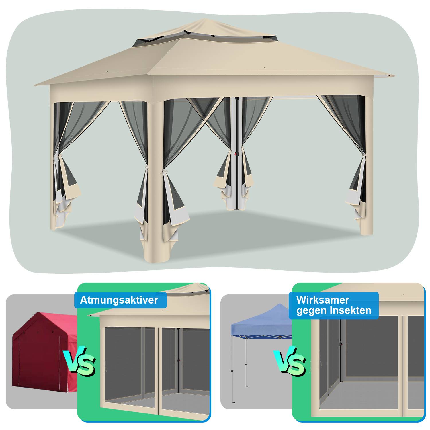 Pavillon 3.3x3.3x2.7M, Faltpavillon,Festzelt Gartenzelt mit 4 Gaze Seitenteilen, UV-Schutz 50+, Doppeltes Dach Beige