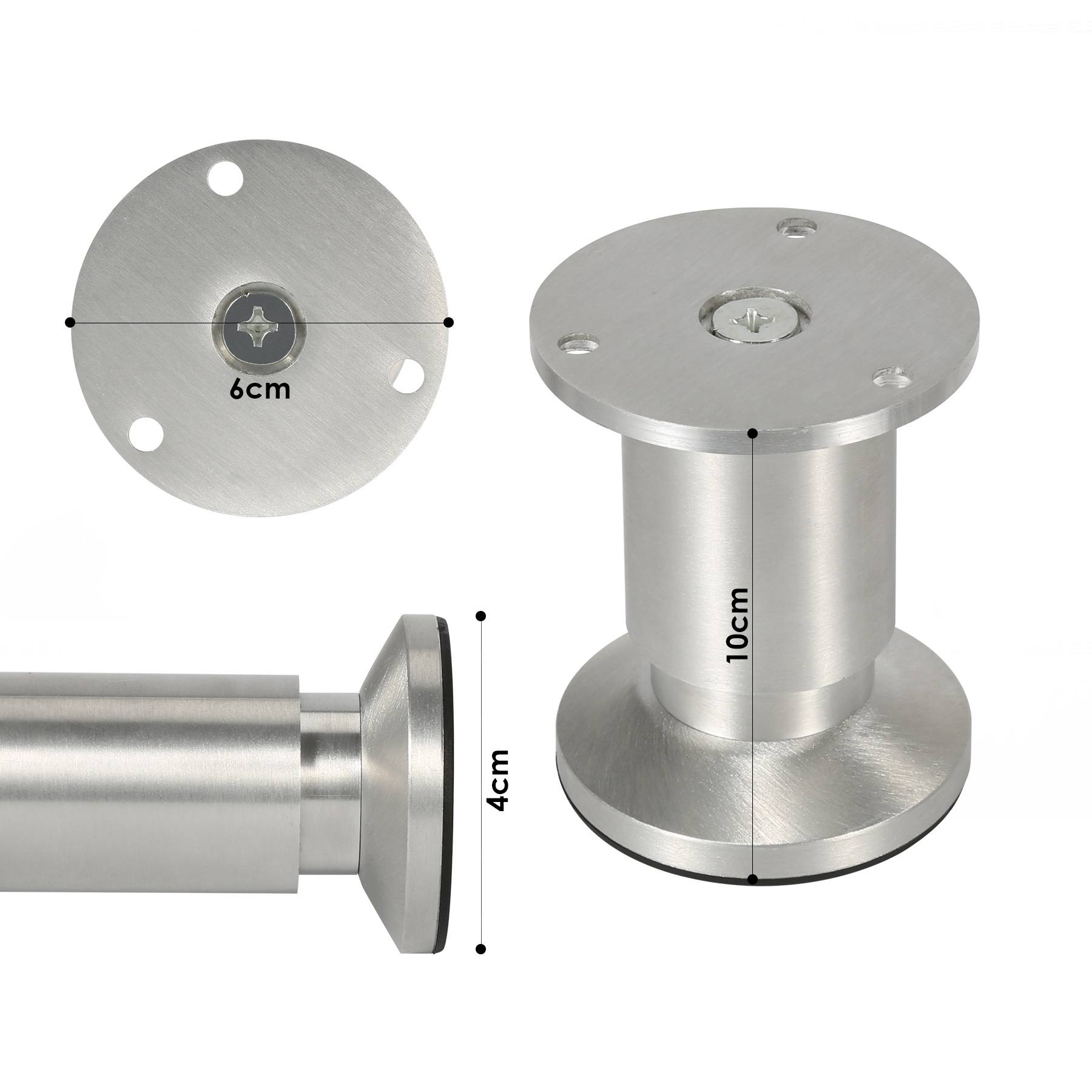 Möbelbein aus Edelstahl in zylindrischer Form mit runden Befestigungsplatten, dargestellt von oben und von der Seite mit Abmessungen von 6 cm Durchmesser, 10 cm Höhe und 4 cm Basisbreite.
