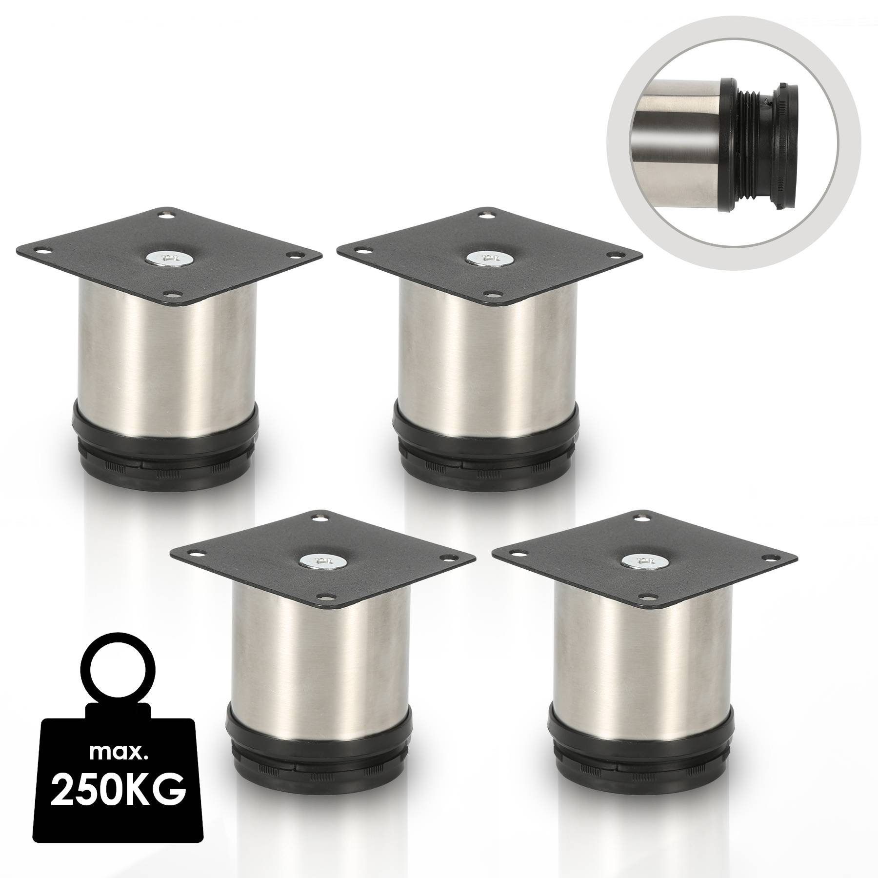 Vier verstellbare Metallmöbelbeine mit Oberplatten und schwarzen Basen, gezeigt mit einer Nahaufnahme der Gewindebefestigung und einem Etikett mit maximaler Tragfähigkeit von 250 kg.