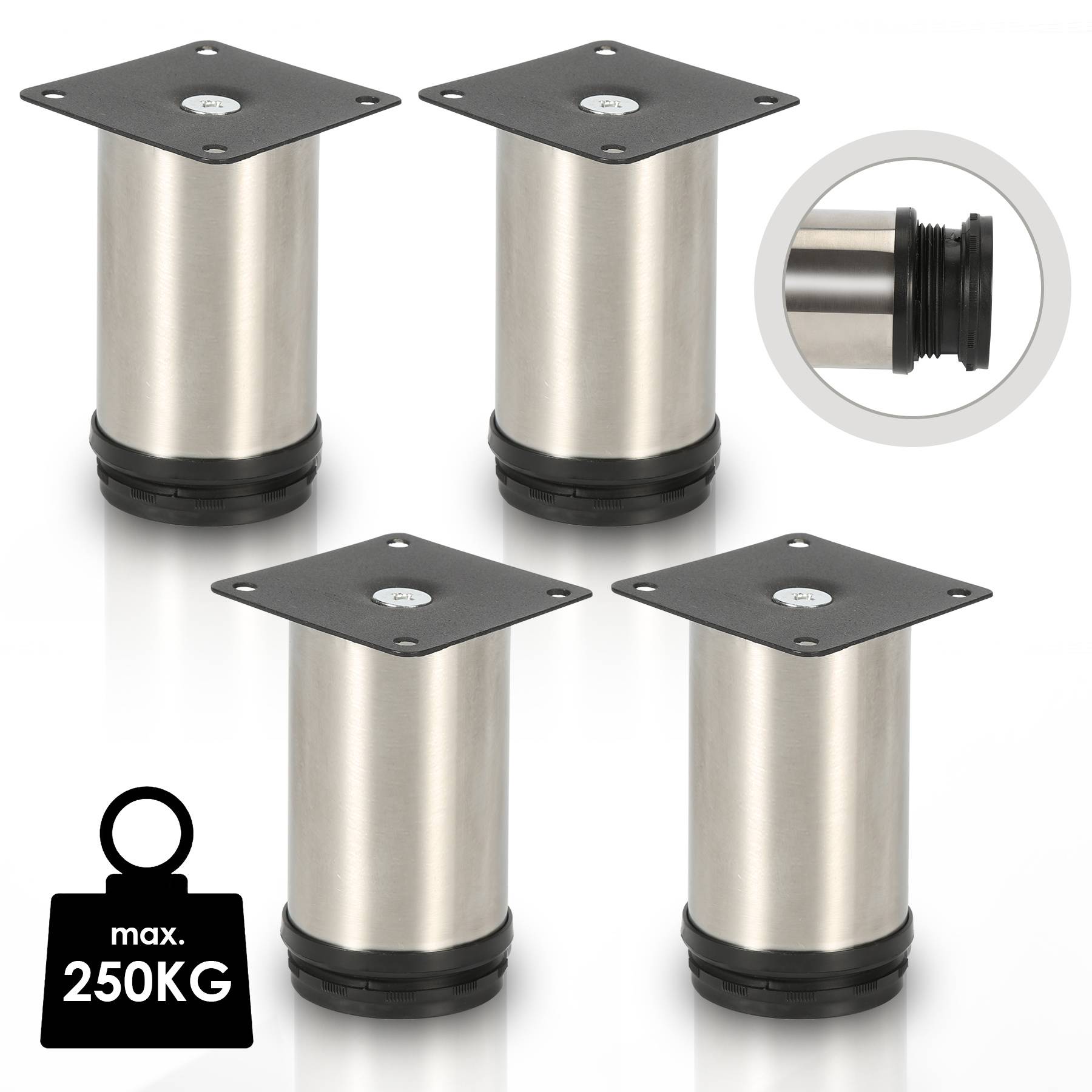 Produktbild von vier Edelstahhmöbelbeinen mit schwarzen Montageplatten und Basen sowie eingefügter Nahaufnahme des Gewindesteckers; mit Kennzeichnung max. 250KG.