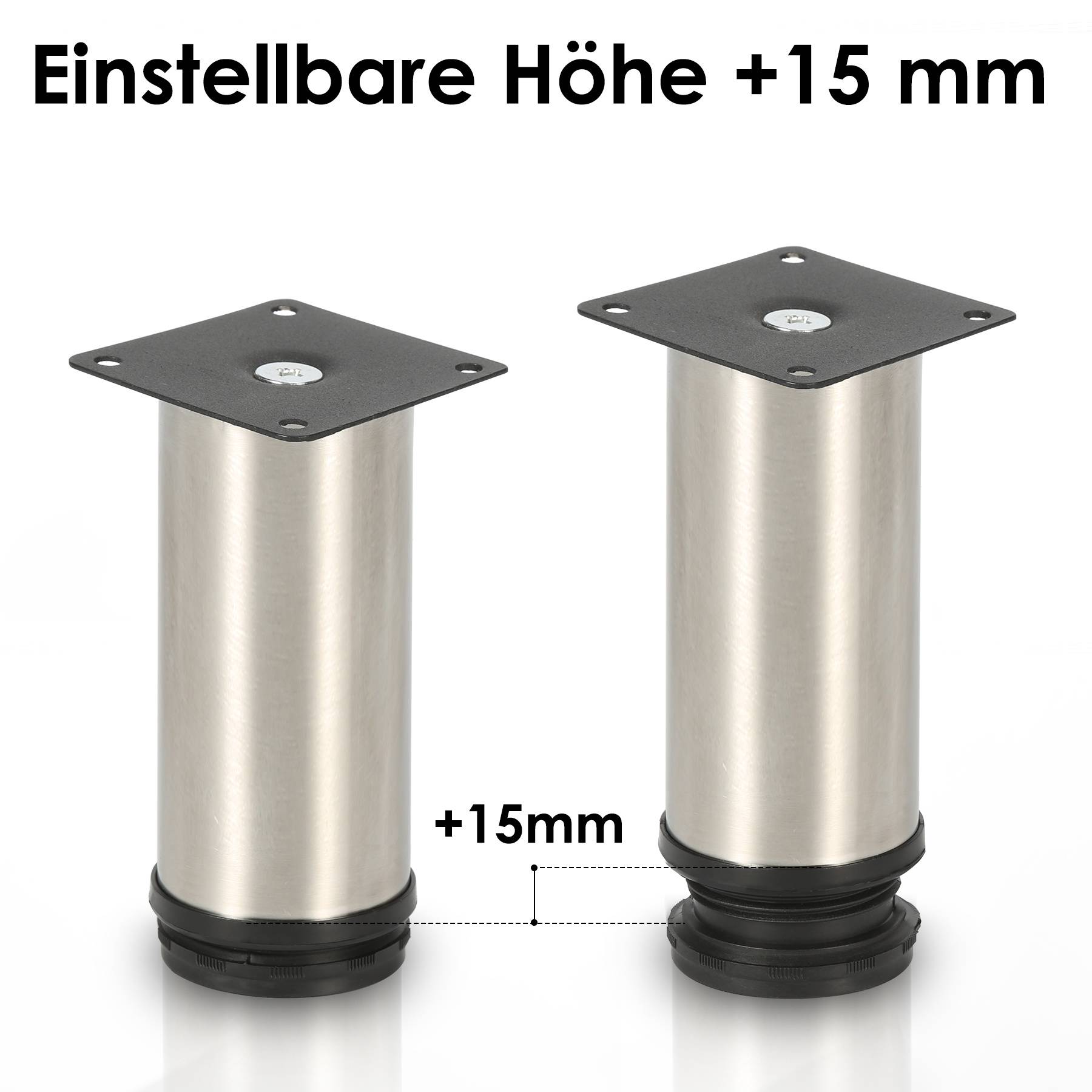 Produktbild mit zwei verstellbaren Möbelbeinen aus Metall, eines kürzer und eines um +15 mm verlängert; Text sagt „Einstellbare Höhe +15 mm".