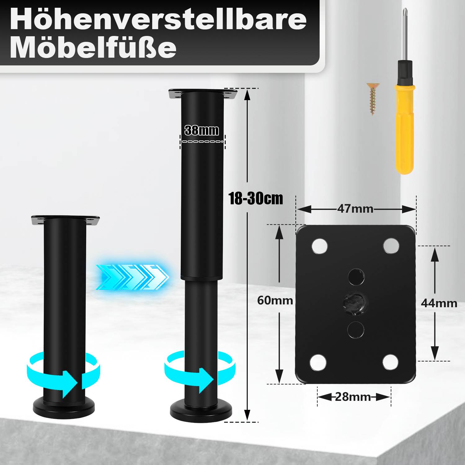 12er Set Möbelfüße Teleskopfuß Set Tischfuß Stützfuß Möbelbeine Möbelbeine Metall Füße Schwarz 18-30cm