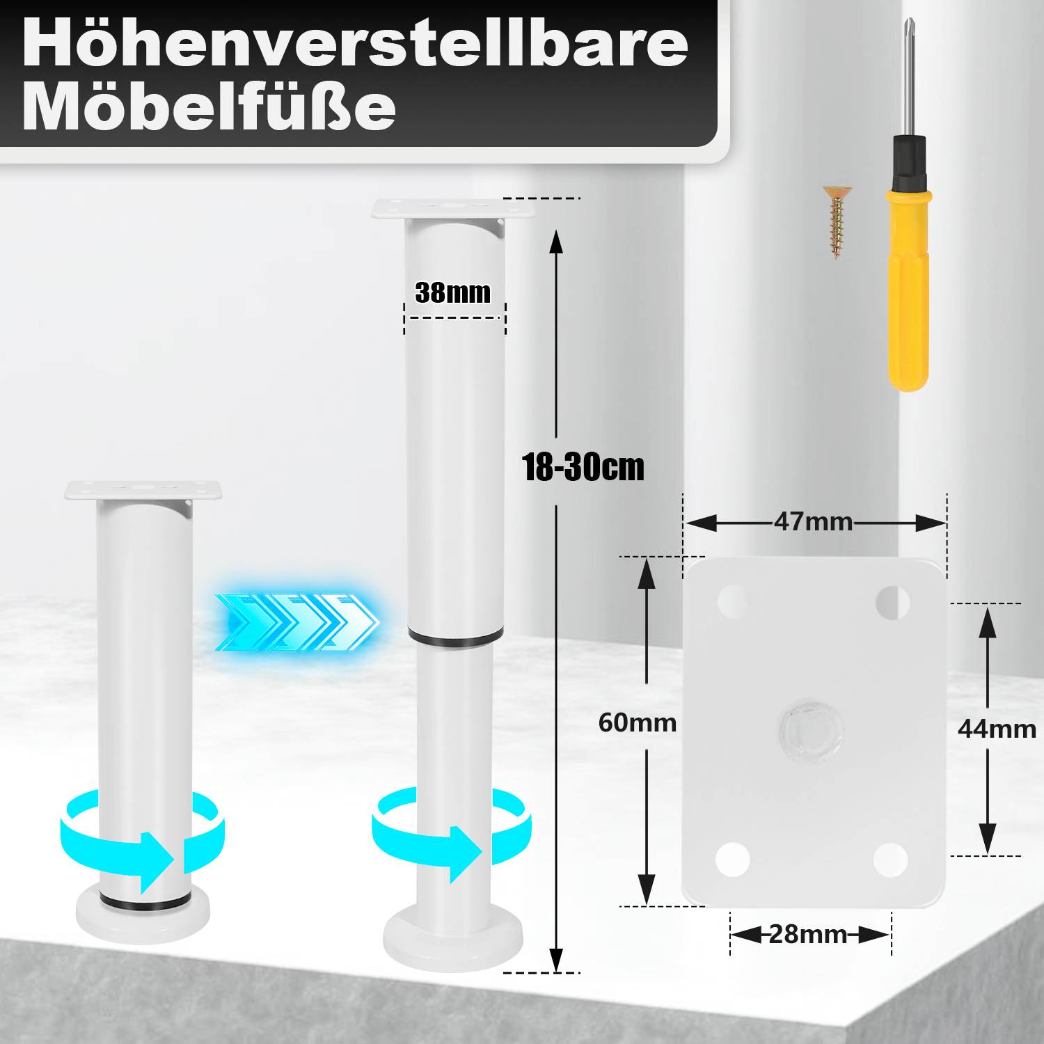 12er Set Möbelfüße Teleskopfuß Set Tischfuß Stützfuß Möbelbeine Möbelbeine Metall Füße Weiß 18-30cm