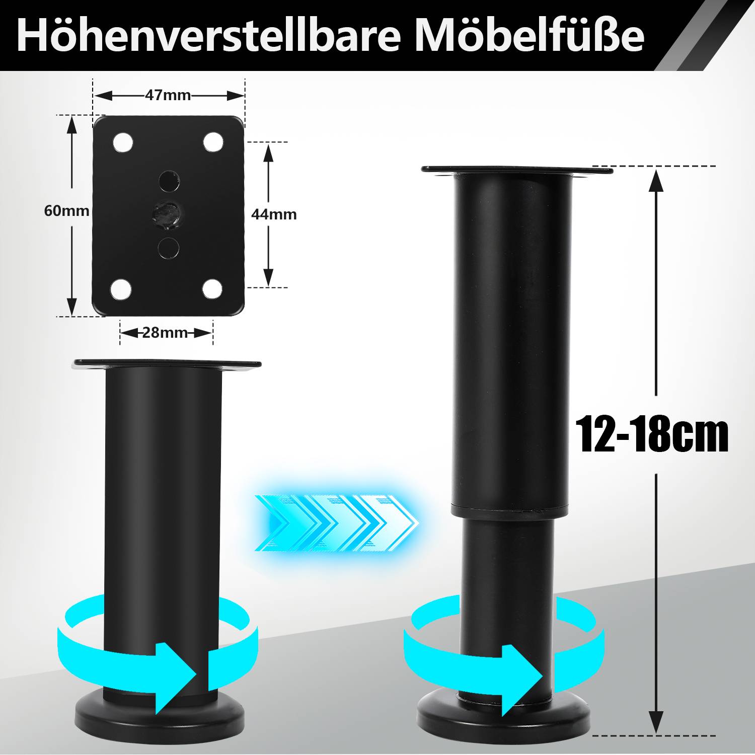 12er Set Möbelfüße Teleskopfuß Set Tischfuß Stützfuß Möbelbeine Möbelbeine Metall Füße Schwarz 12-18cm