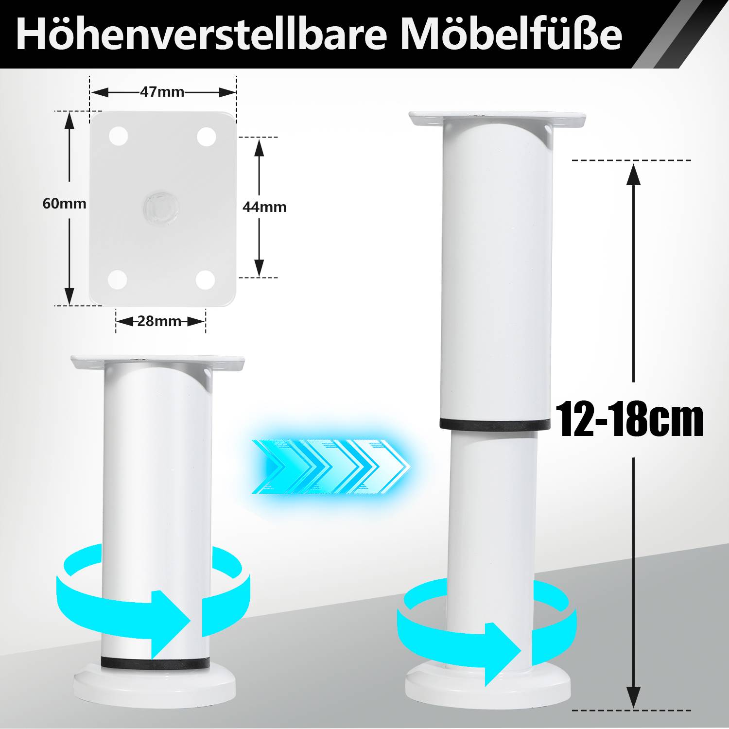 4er Set Möbelfüße Teleskopfuß Set Tischfuß Stützfuß Möbelbeine Möbelbeine Metall Füße Weiß 12-18cm