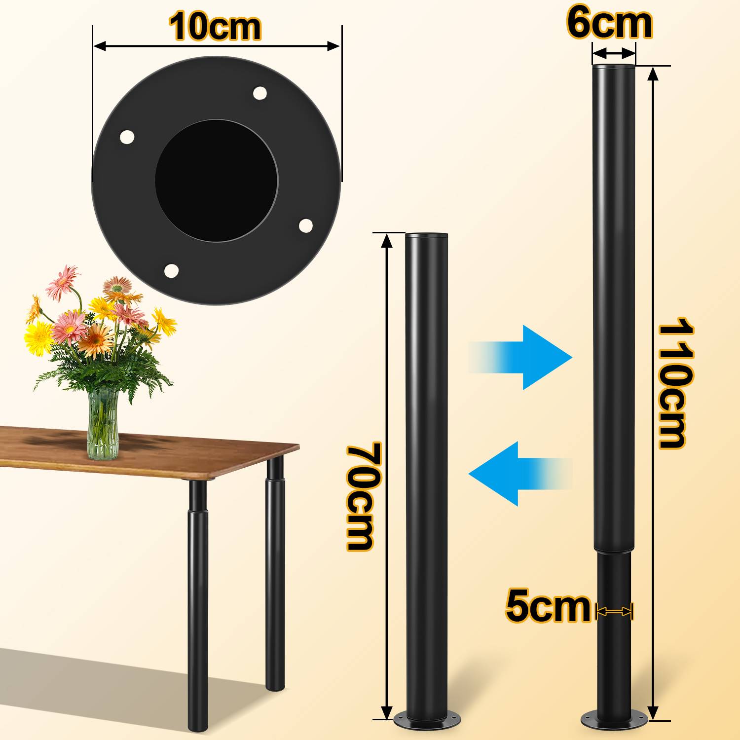 12er Set Möbelfüße Teleskopfuß Set Tischfuß Stützfuß Möbelbeine Möbelbeine Metall Füße Schwarz 70-110cm