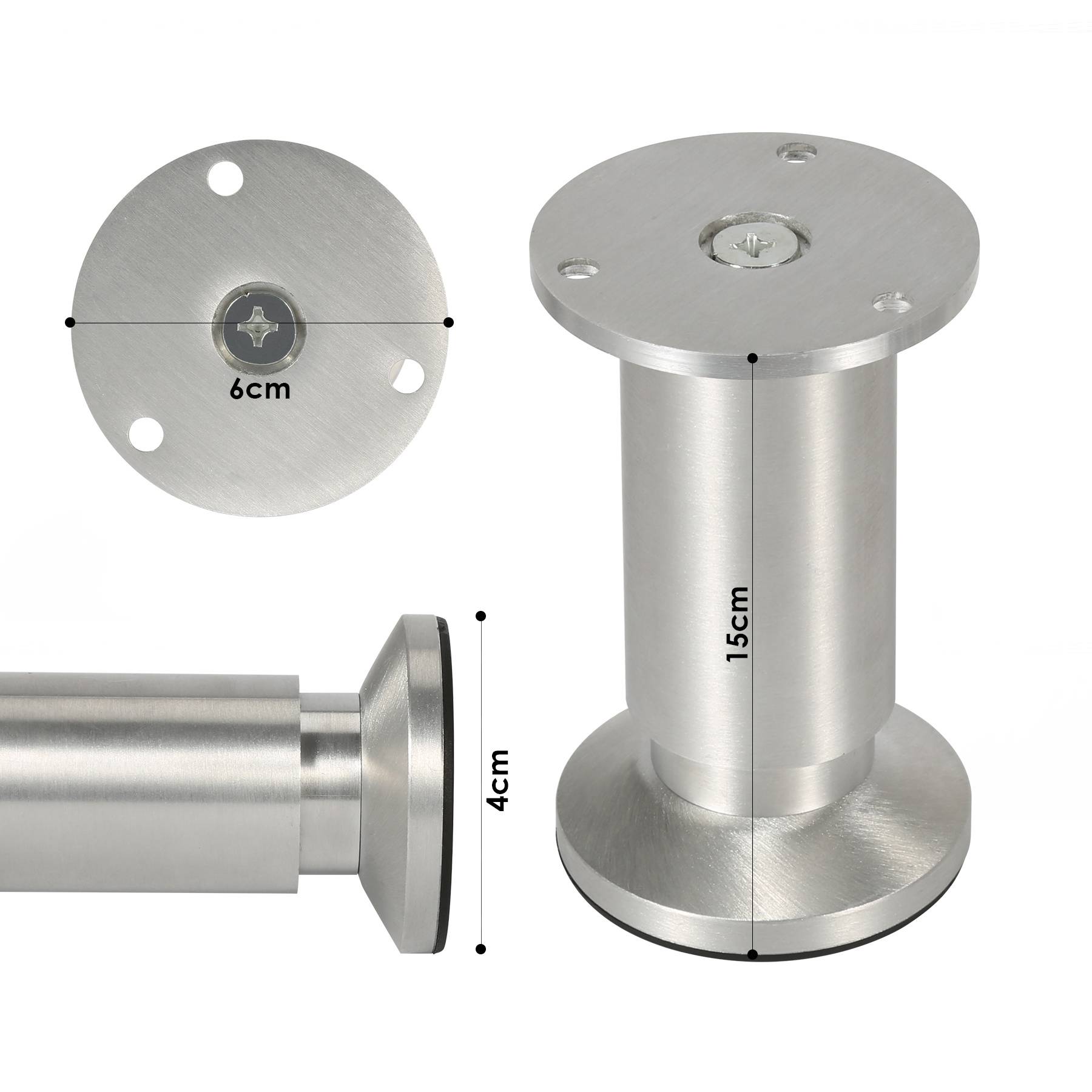 Edelstahlzylindrisches Möbelbein oder Pfosten mit Dimensionsbeschriftungen: 6 cm oberer Durchmesser, 15 cm Höhe und 4 cm Basistiefe.