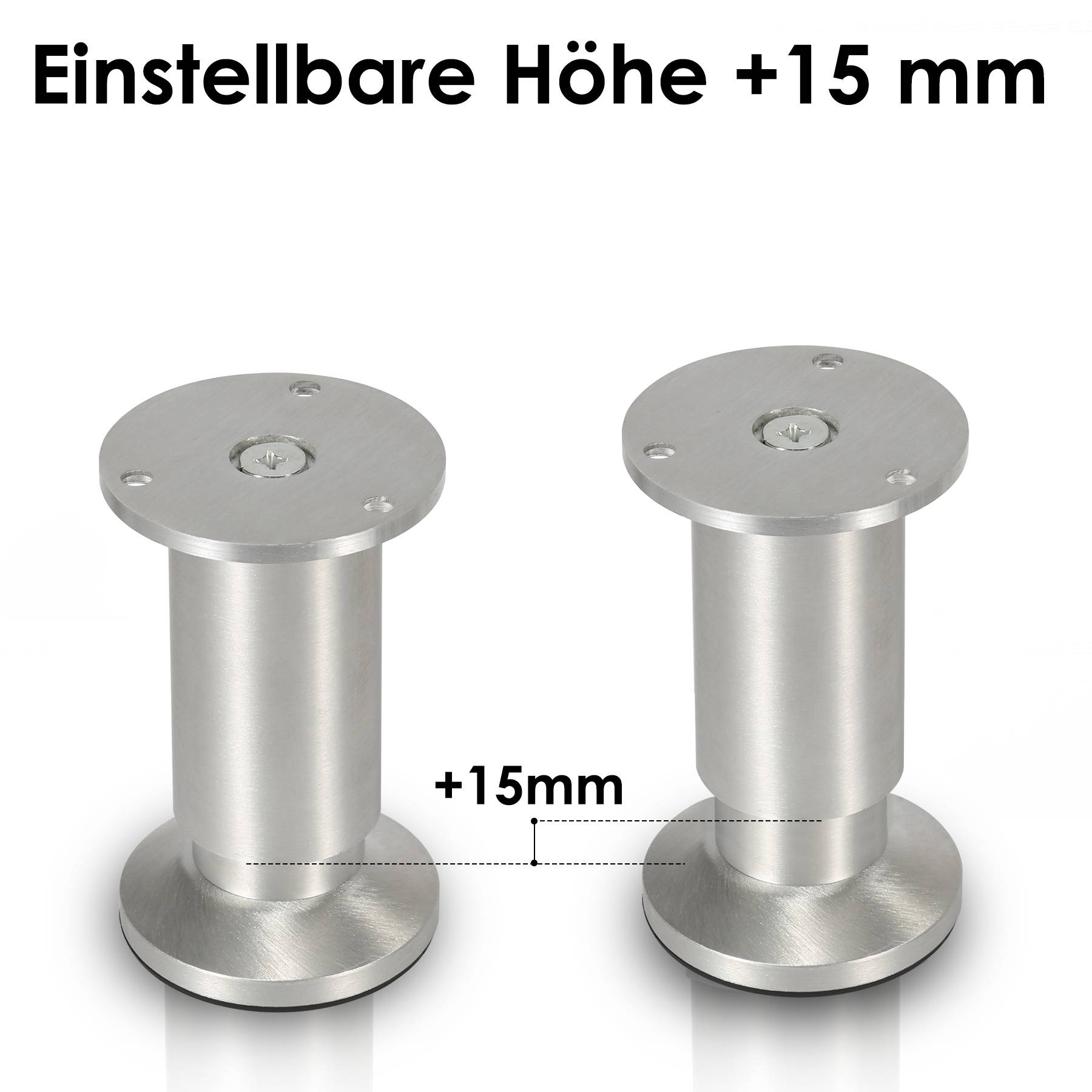 Diagramm, das eine verstellbare Metallstütze mit einer Höhenzunahme von '+15 mm' zeigt; der Text lautet 'Einstellbare Höhe +15 mm'.