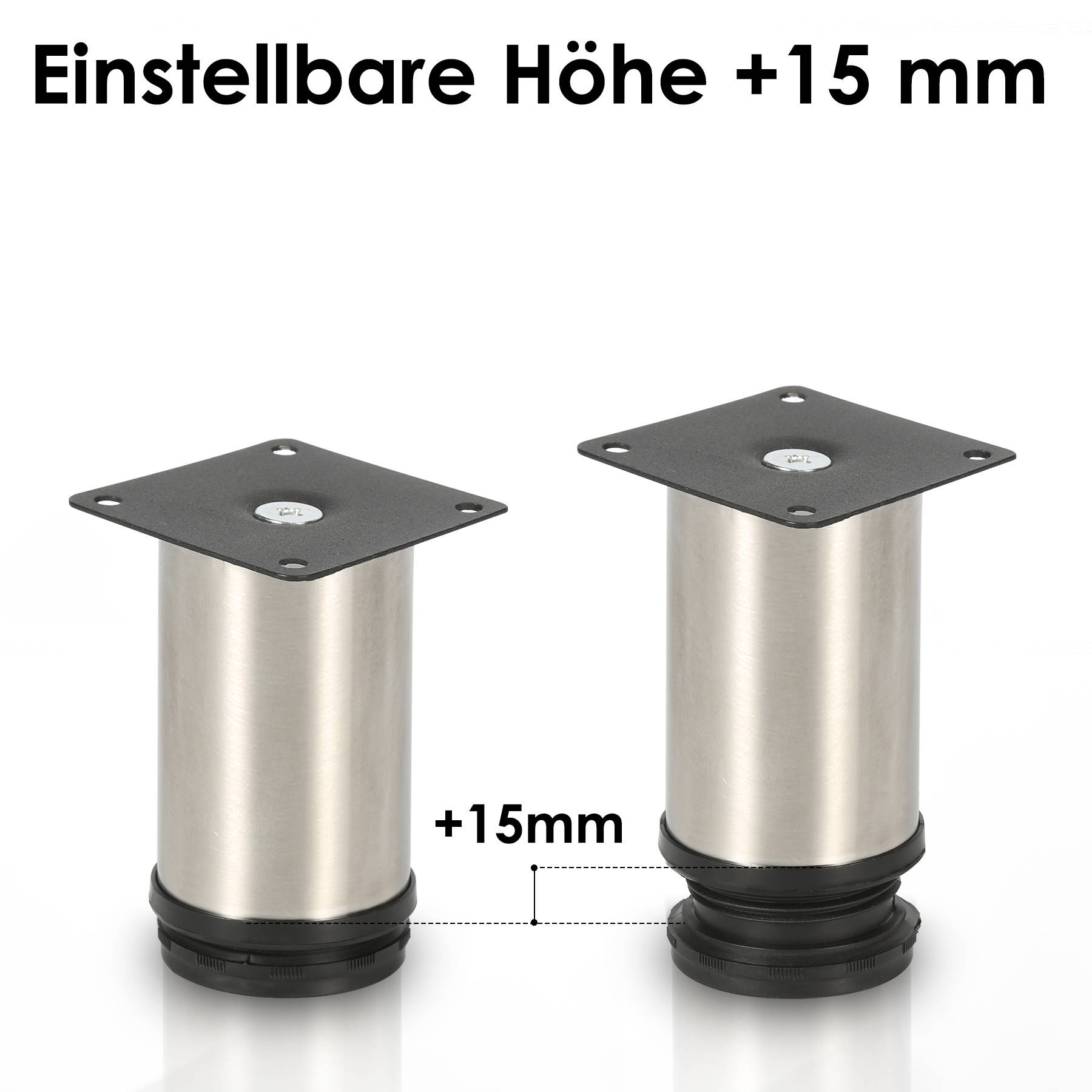 Produktbild mit zwei verstellbaren Metallbeinen mit schwarzen Befestigungsplatten; Text besagt „Einstellbare Höhe +15 mm" und „+15 mm"" mit einer Höhenverstellung von 15 mm.