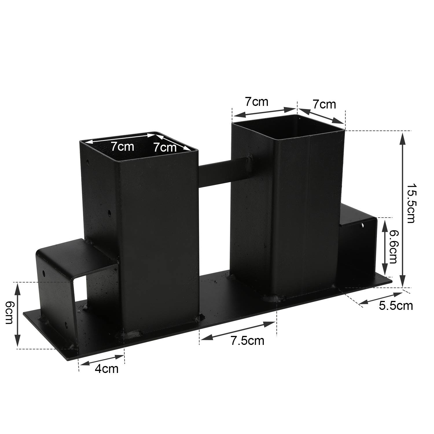 Schwarze Metallmontageklammer mit zwei quadratischen Pfosten auf einer Basis, dargestellt mit Maßstabsbezeichnungen in Zentimetern: 7 cm Oberseite, 15,5 cm Höhe, 7,5 cm Basislänge und 5,5 cm Breite.