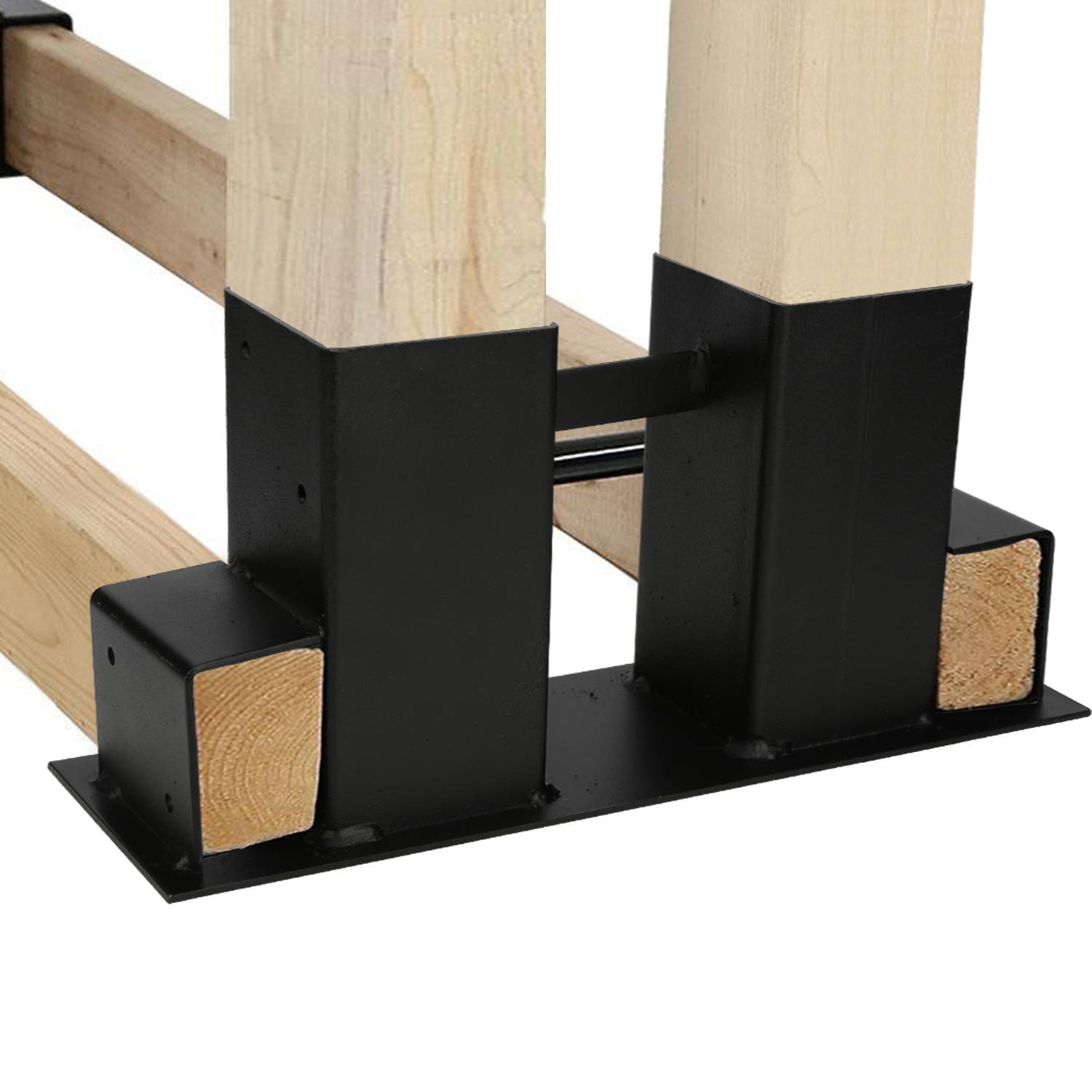 Schwarze Metallbasiskonsolen halten zwei Holzpfosten und horizontale Balken in einer strukturellen Verbinderbaugruppe auf weißem Hintergrund.