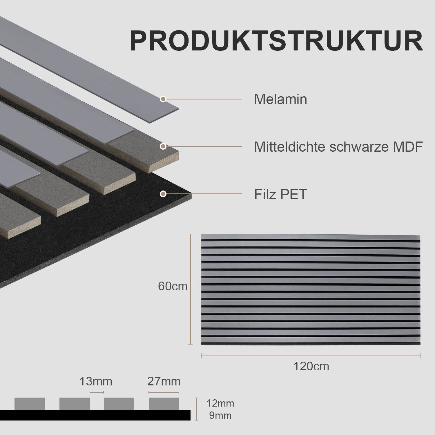 Akustikpaneel Wandpaneel Moderne Wandpaneele Akustik HolzwandHolz 1 Paneele MDF Wandpaneele 120x60x2.1cm Grau