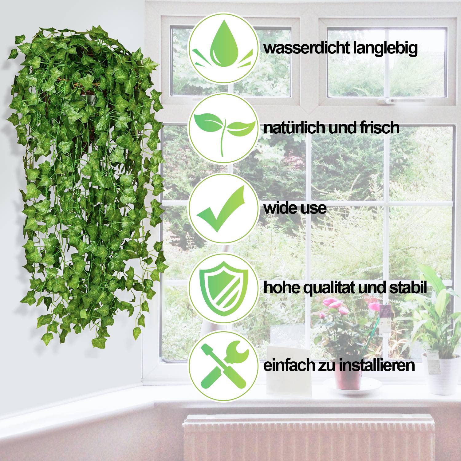 Künstlich 24 Stück Efeugirlande Efeu Kunstpflanze Künstliches Hängend Efeu für Hochzeit Party Garten Wohnung Balkon