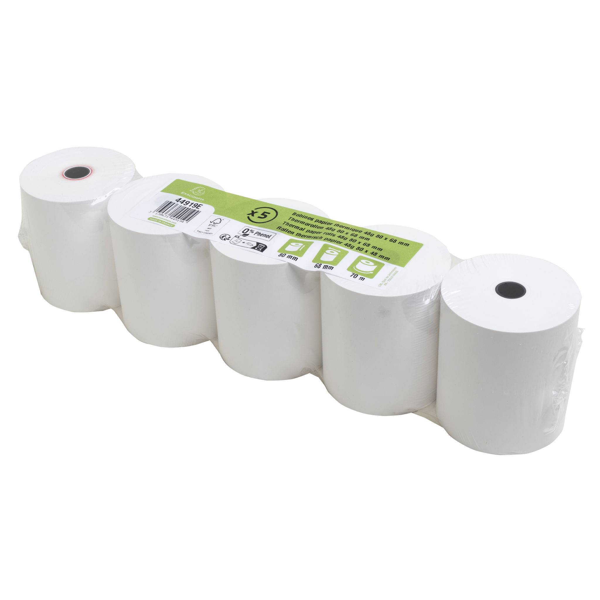 Exacompta 50x Thermorolle Kasse 80mm x 70m, 1-lagig, 48g, phenolfrei Weiß 44919E