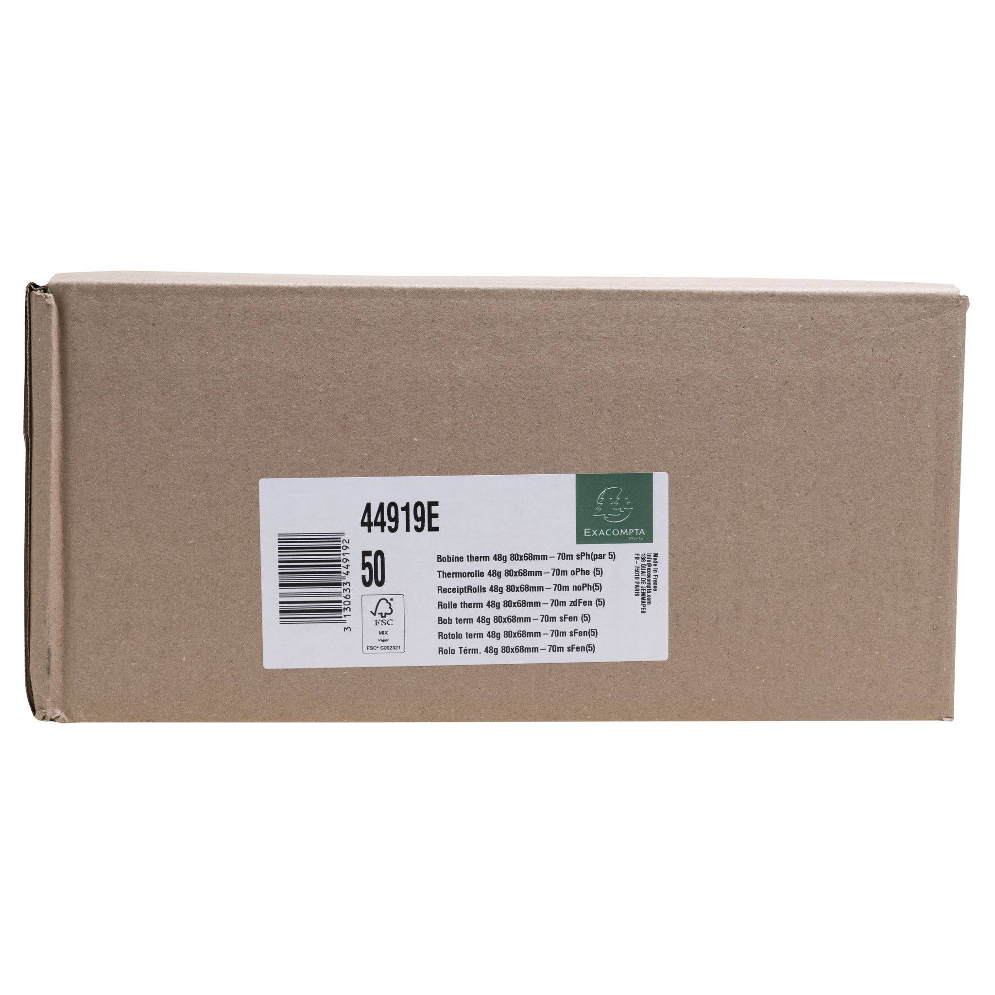 Exacompta 50x Thermorolle Kasse 80mm x 70m, 1-lagig, 48g, phenolfrei Weiß 44919E