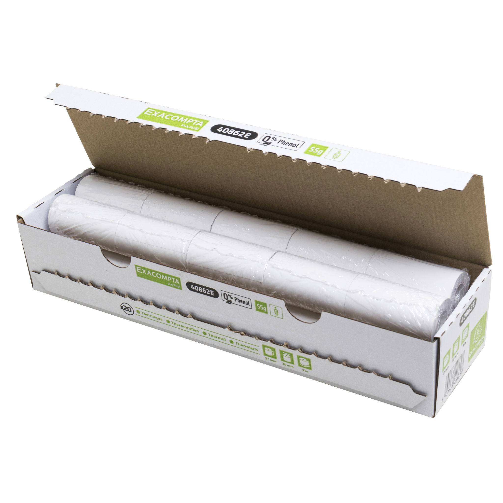 Exacompta 120x Thermorolle EC, 57mm x 9m 1-lagig 55g phenolfrei - Weiß - 40862E
