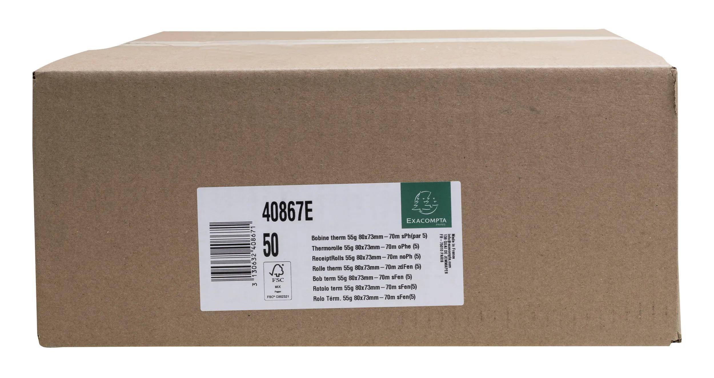 Exacompta 50x Thermorolle Kasse 80mm x 70m, 1-lagig, 55g, phenolfrei Weiß 40867E