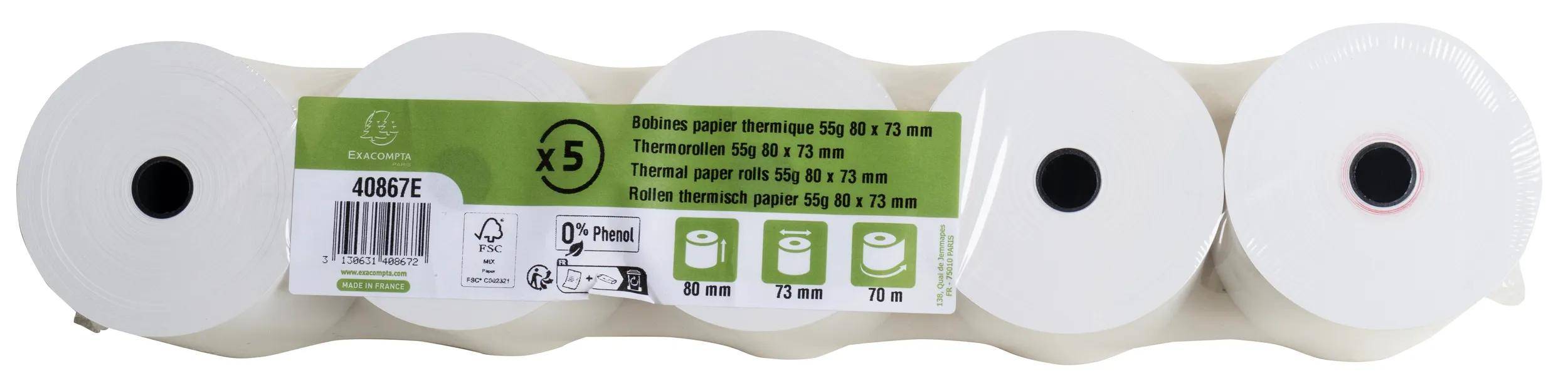 Exacompta 50x Thermorolle Kasse 80mm x 70m, 1-lagig, 55g, phenolfrei Weiß 40867E