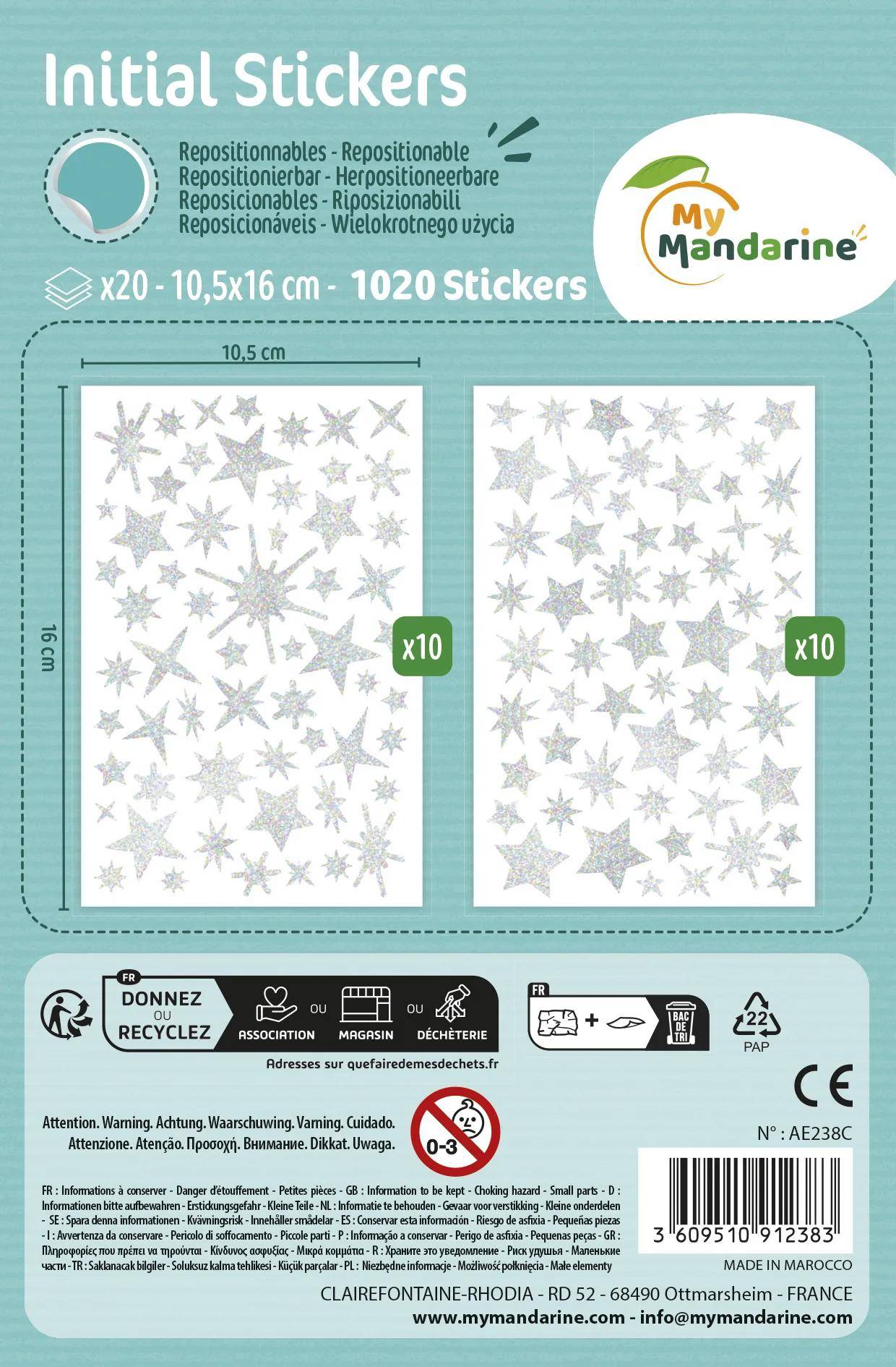 Mandarine Initial, 20 Stickerbogen 10,5x16cm, holografisch, Sterne Silber AE238C