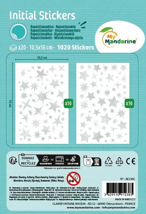 Mandarine Initial, 20 Stickerbogen 10,5x16cm, holografisch, Sterne Silber AE238C