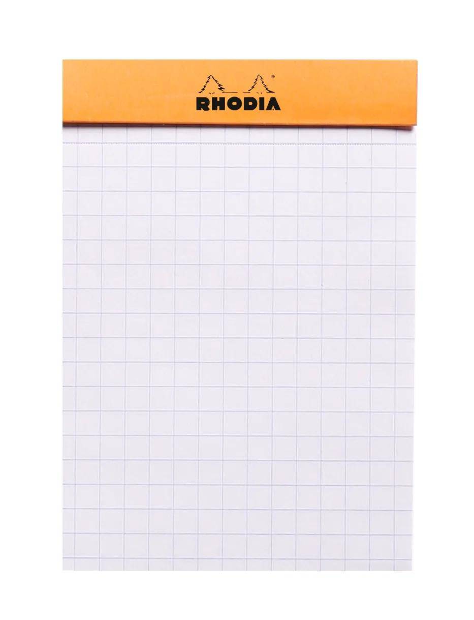 Kariertes Rhodia-Notizbuch mit leerem Blatt, orangem oberen Kopfbereich und Logo.