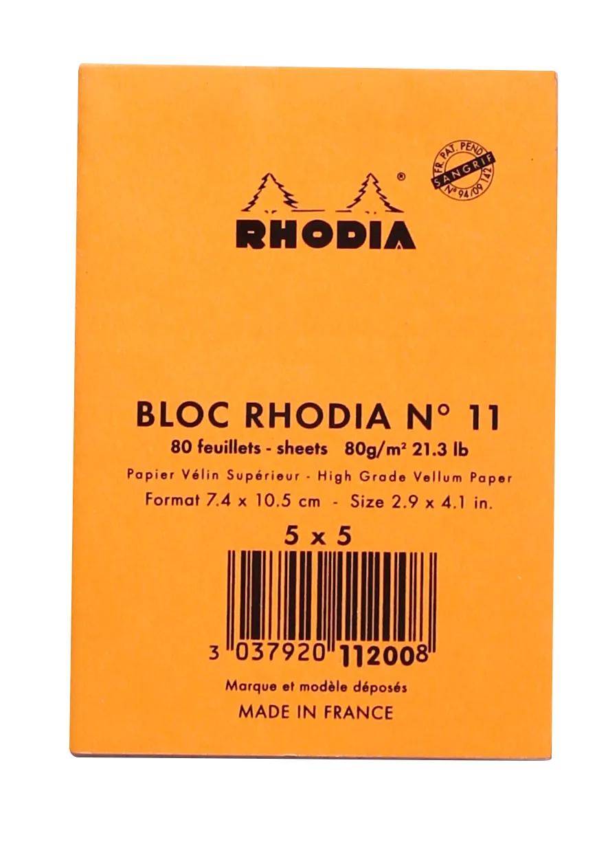 Notizbuch-Umschlag 'Rhodia Bloc No. 11', orange mit gedrucktem schwarzem Text. Hergestellt in Frankreich, 80g/m² Papier, Größe 7,4 x 10,5 cm.