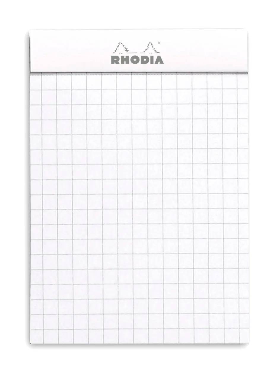 Rhodia Millimeterpapierblock mit weißem Umschlag und leeren quadratischen Rastergitterseiten, frontal auf weißem Hintergrund abgebildet.