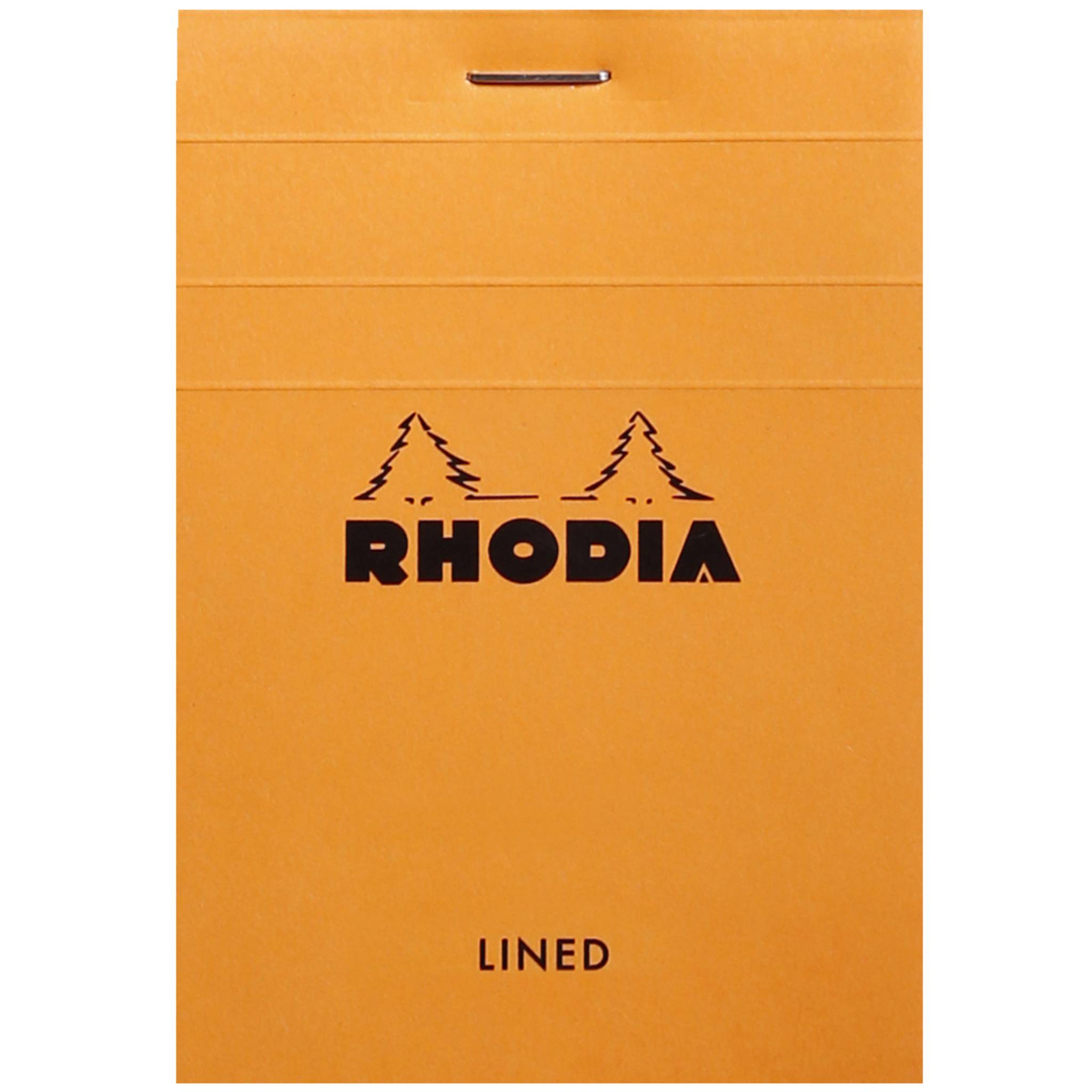 Orangefarbener Rhodia-Notizblochumschlag mit 'RHODIA'-Logo und 'LINIERT' im unteren Bereich aufgedruckt.