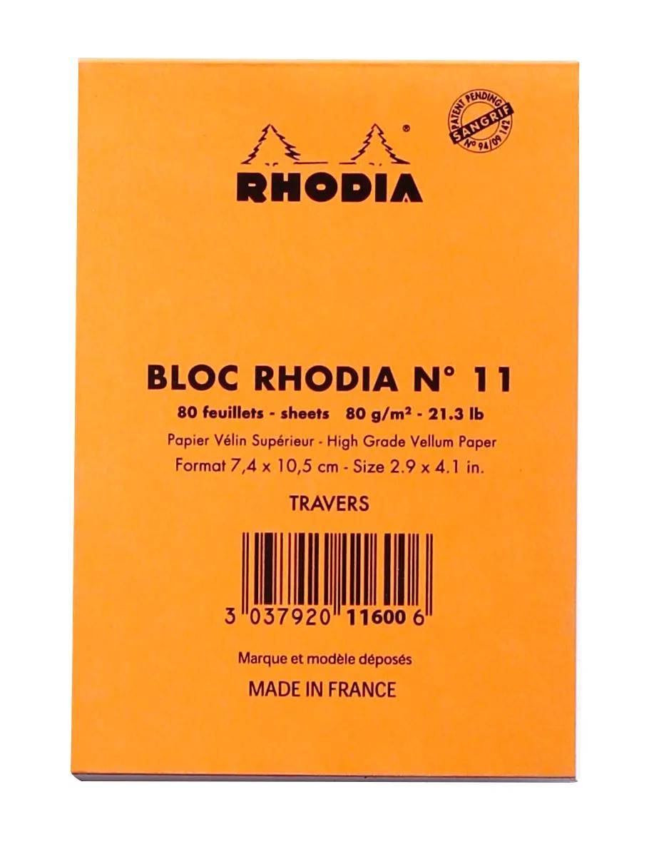 Rhodia Notizbucheinband, orange mit einem Logo aus zwei Bäumen. Text: „Bloc Rhodia No 11