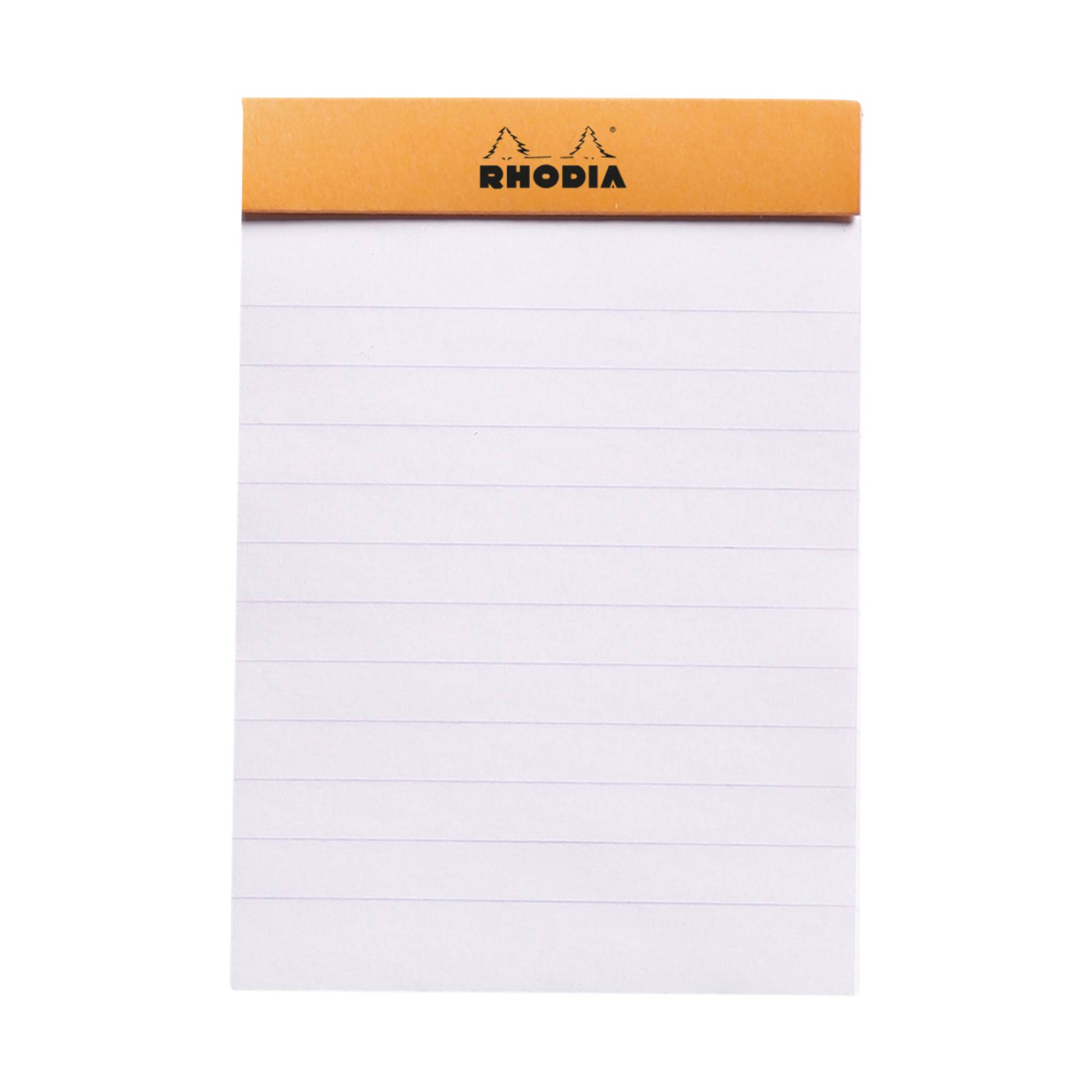 Weiß liniertes Rhodia-Notizbuch mit orangefarbener oberer Bindung und Logo, dargestellt vor einem einfachen Hintergrund.