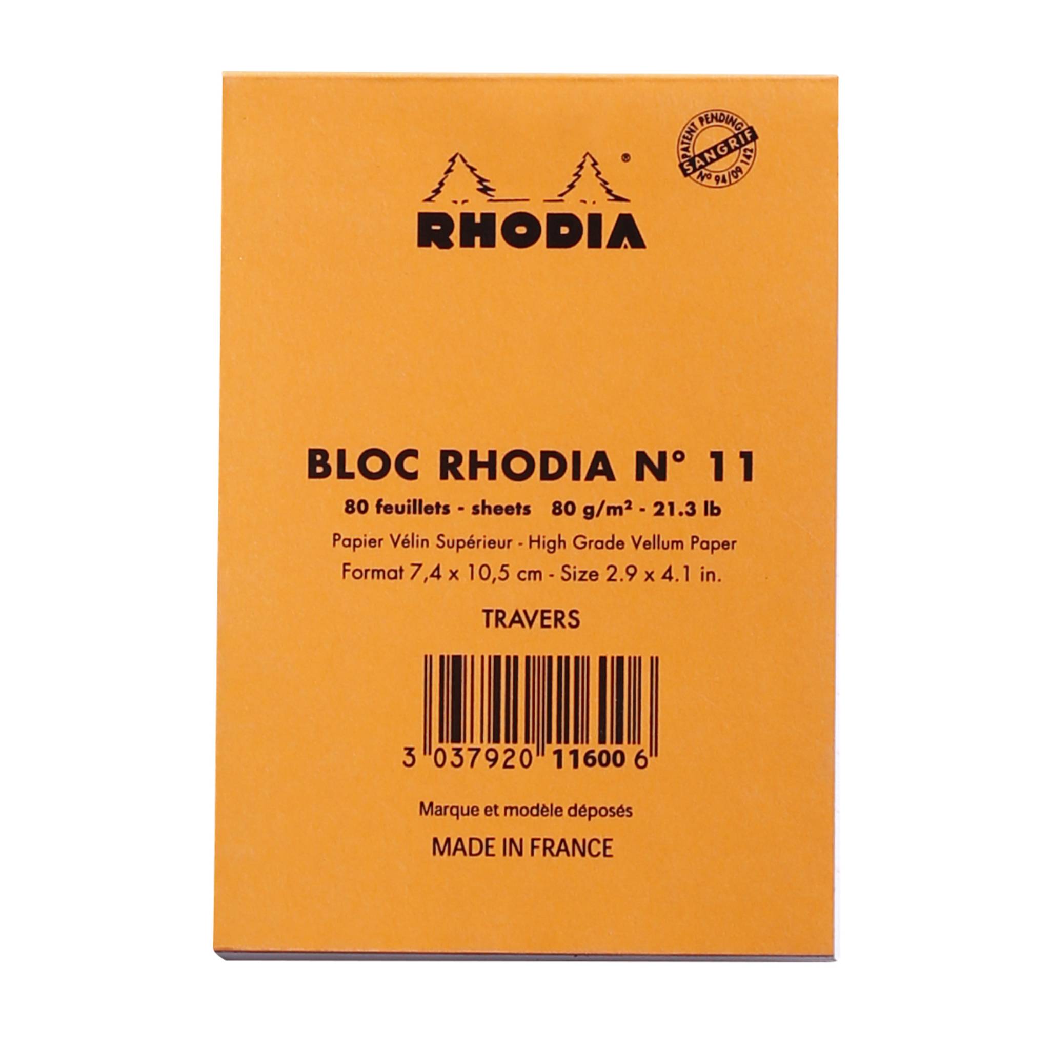 Orange Rhodia Notizblock-Umschlag mit der Aufschrift „BLOC RHODIA N° 11", 80 Blatt, 7,4 x 10,5 cm, mit Barcode und „Made in France"".