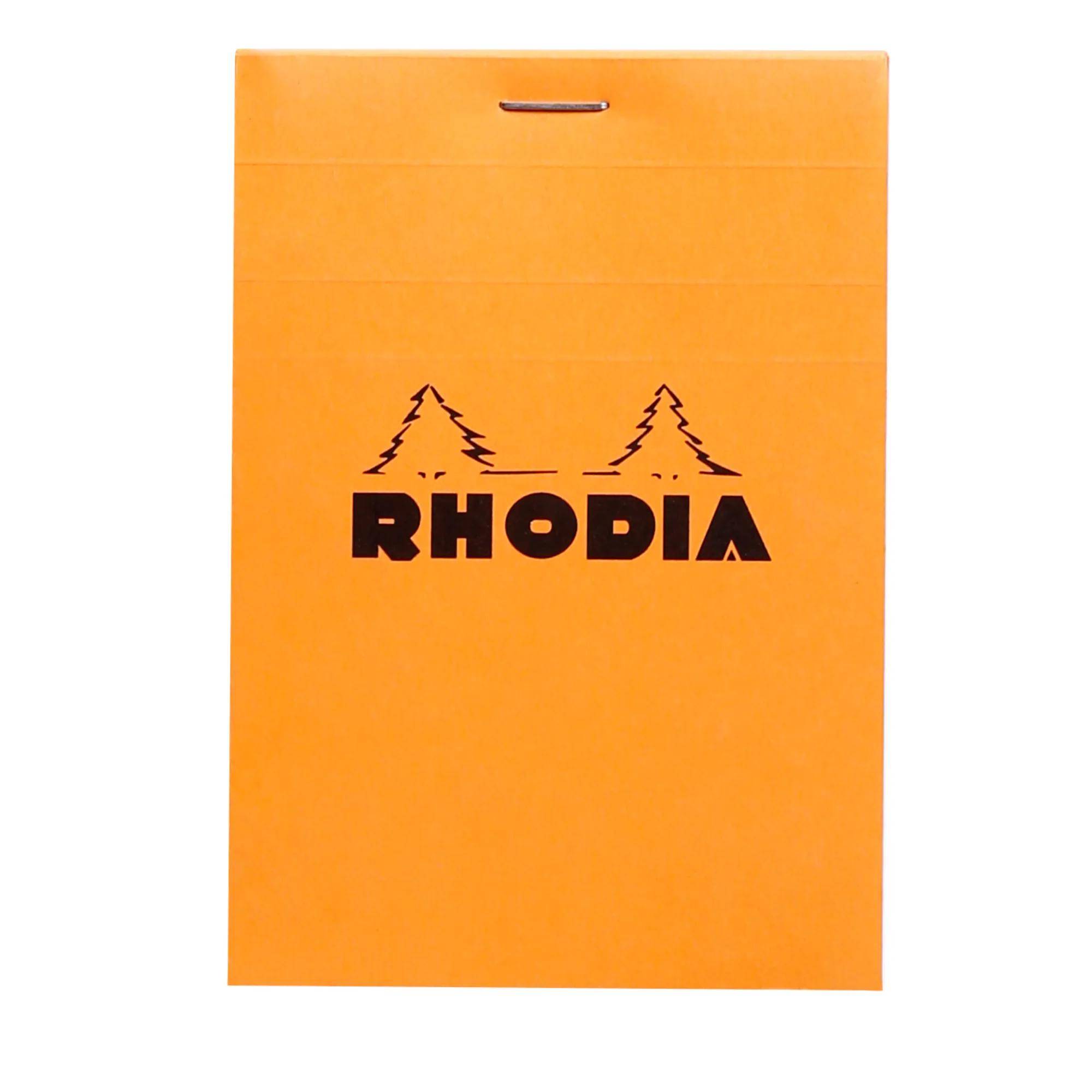 Orange Rhodia Notizblock-Einband mit schwarzem Logo und zwei stilisierten Bäumen, geschlossen und zentriert auf weißem Hintergrund dargestellt.