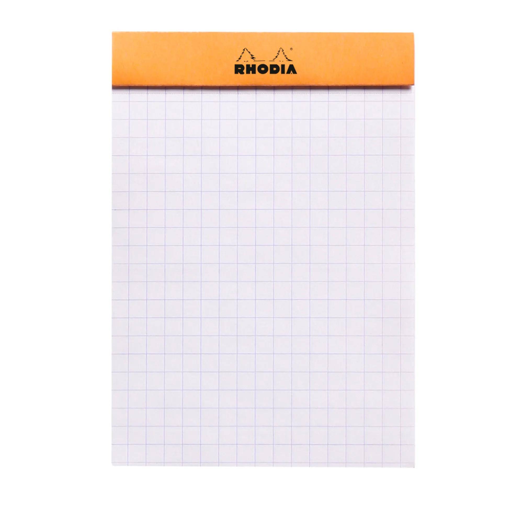 Kariertes Rhodia-Notizbuch mit orangefarbigem Kopfbereich und Logo auf weißem Papier.