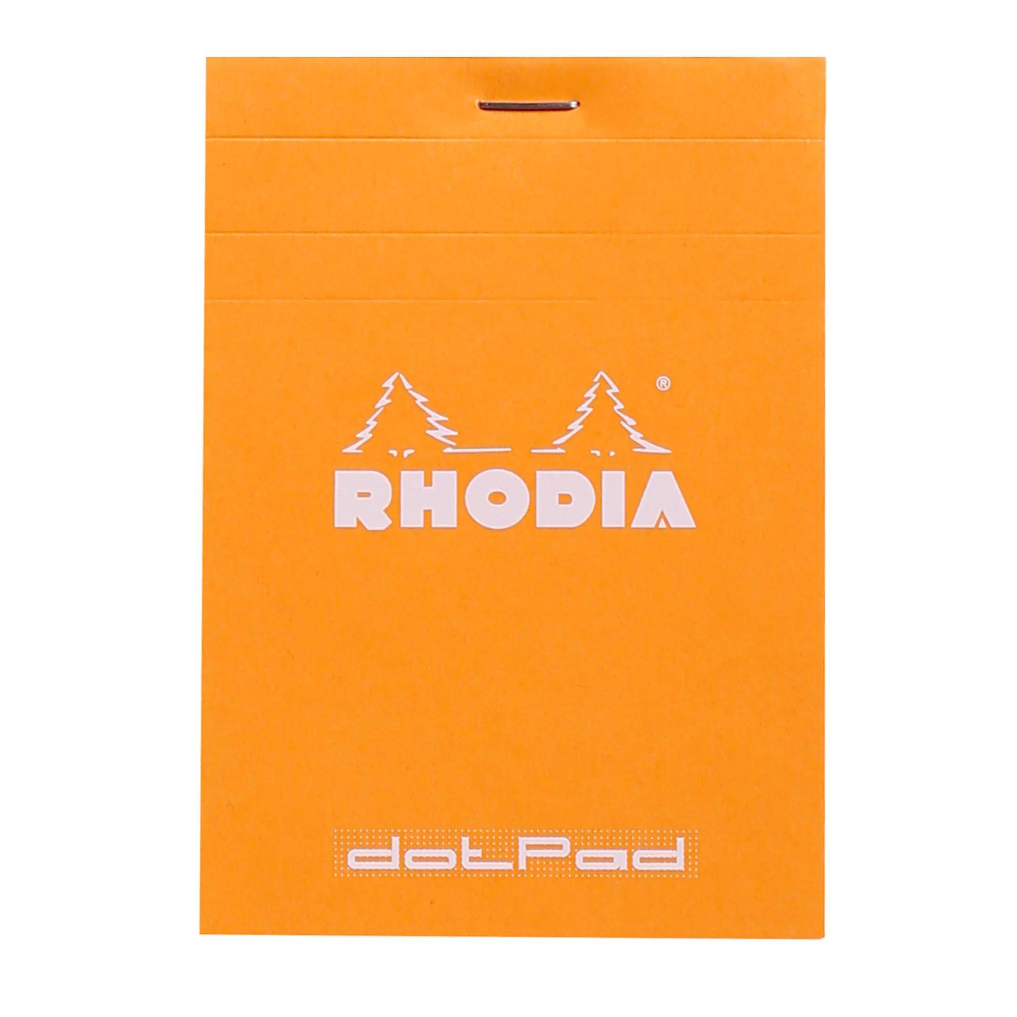 Oranges Rhodia dotPad Notizbuch mit Öffnung oben und weißem RHODIA Logo auf der Vorderseite.