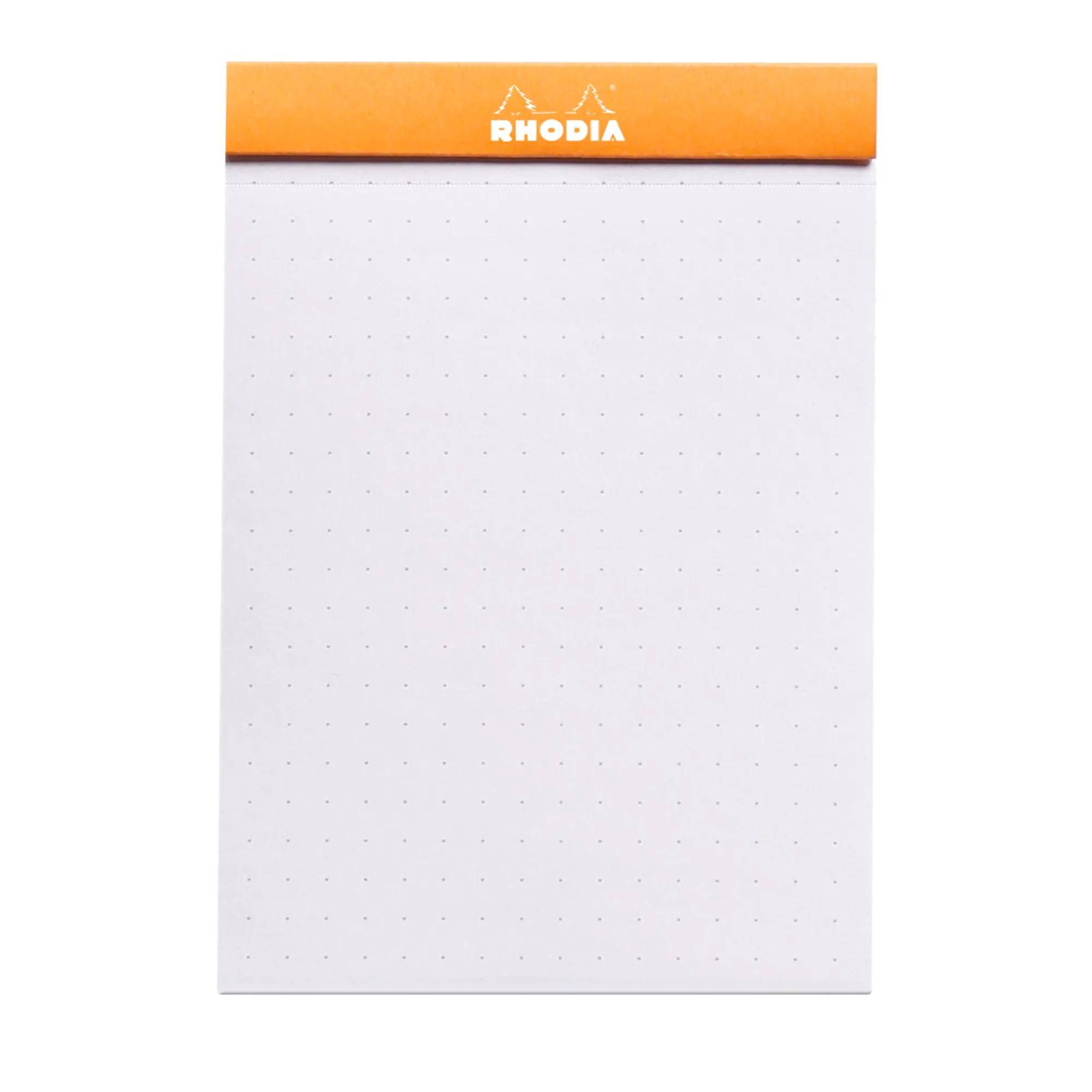 Ein Rhodia-Notizblock mit orangefarbenem Deckel und Seiten mit Punktraster, geeignet zum Schreiben oder Zeichnen.