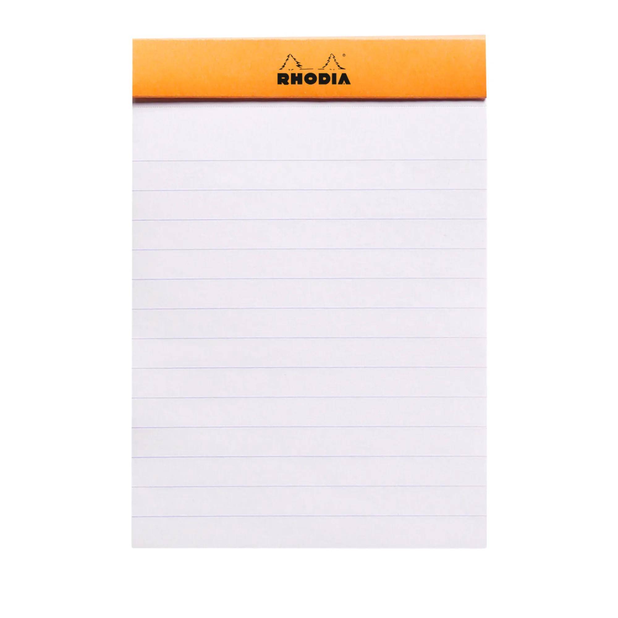 Kariertes Rhodia-Notizbuch mit orangefarbigem Umschlag und Logo.