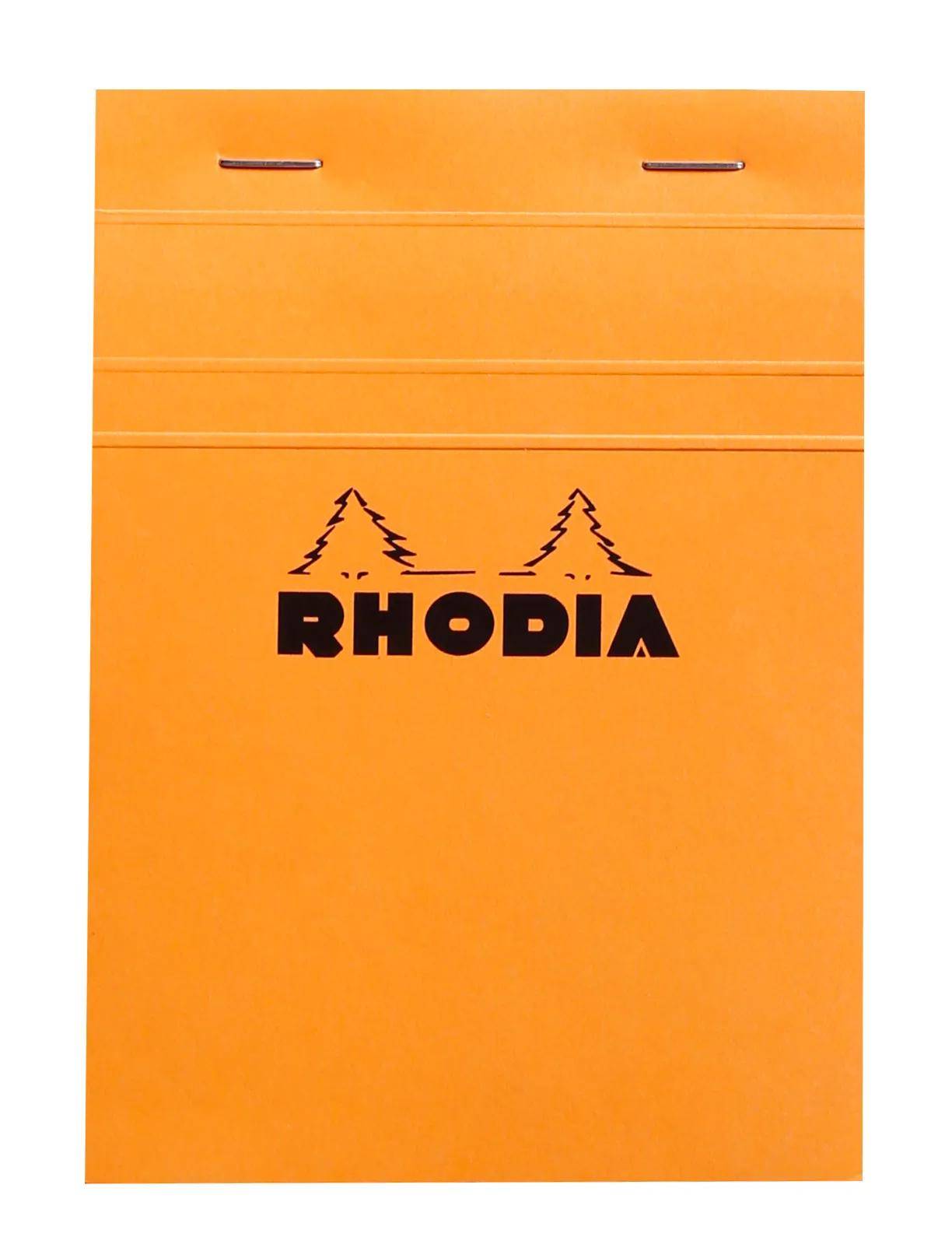 Orange Rhodia Notizbuch-Umschlag mit schwarzem Logo und zwei silbernen Heftklammern oben.