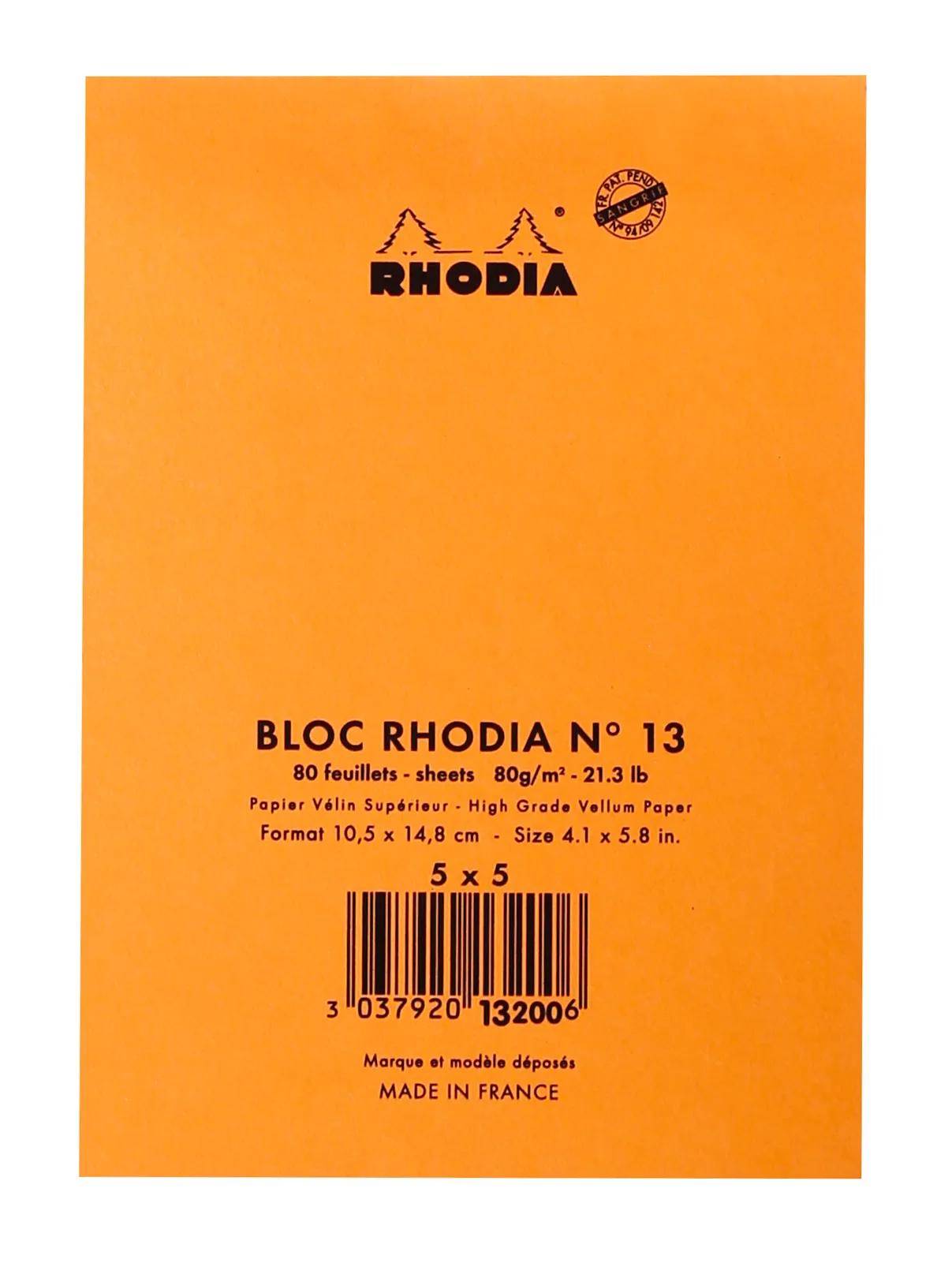 Orange-farbener Rhodia-Notizblock mit Aufschrift "BLOC RHODIA N° 13"", 80 Blatt, 5 x 5, mit Barcode und Text ""MADE IN FRANCE"".