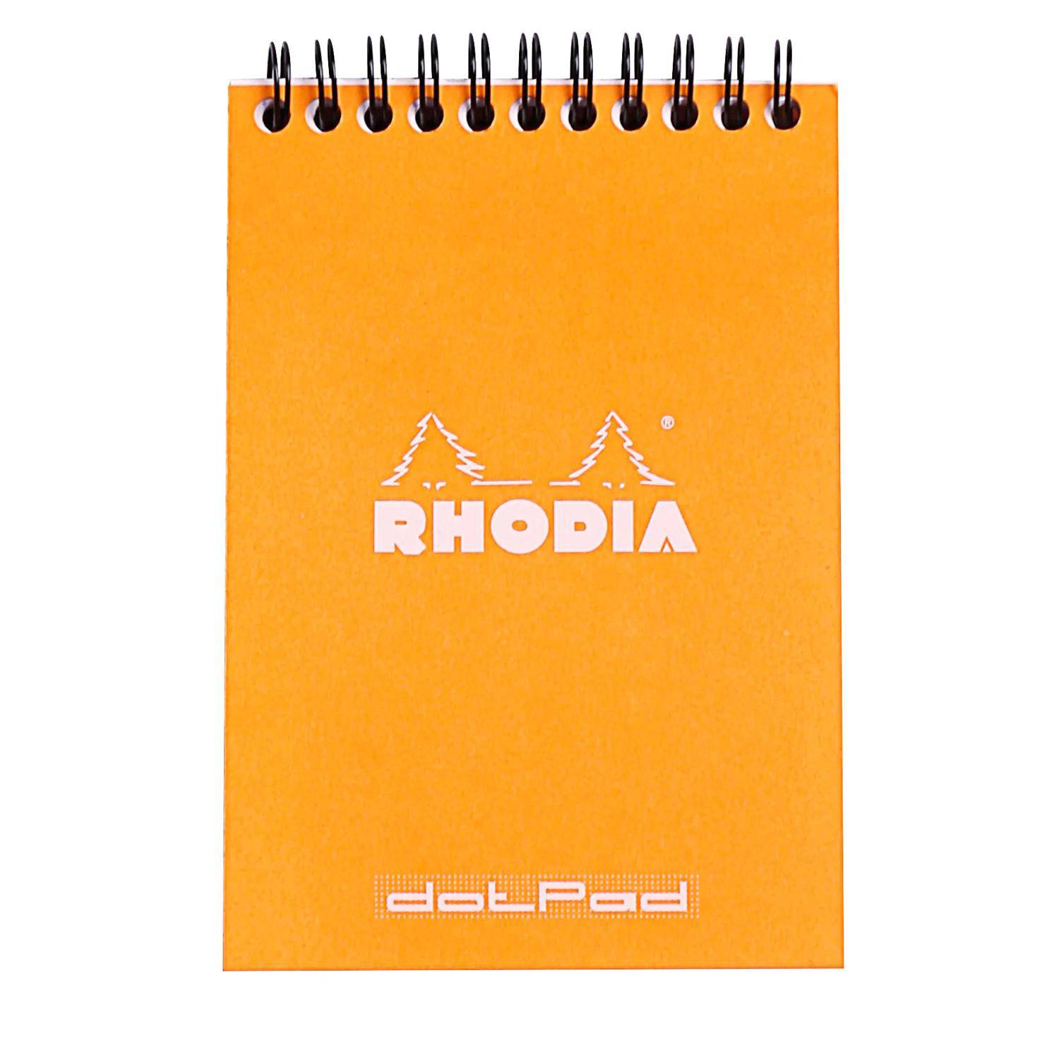 Orange Rhodia dotPad Spiralblock mit schwarzer Bindung und Logo auf dem Umschlag.