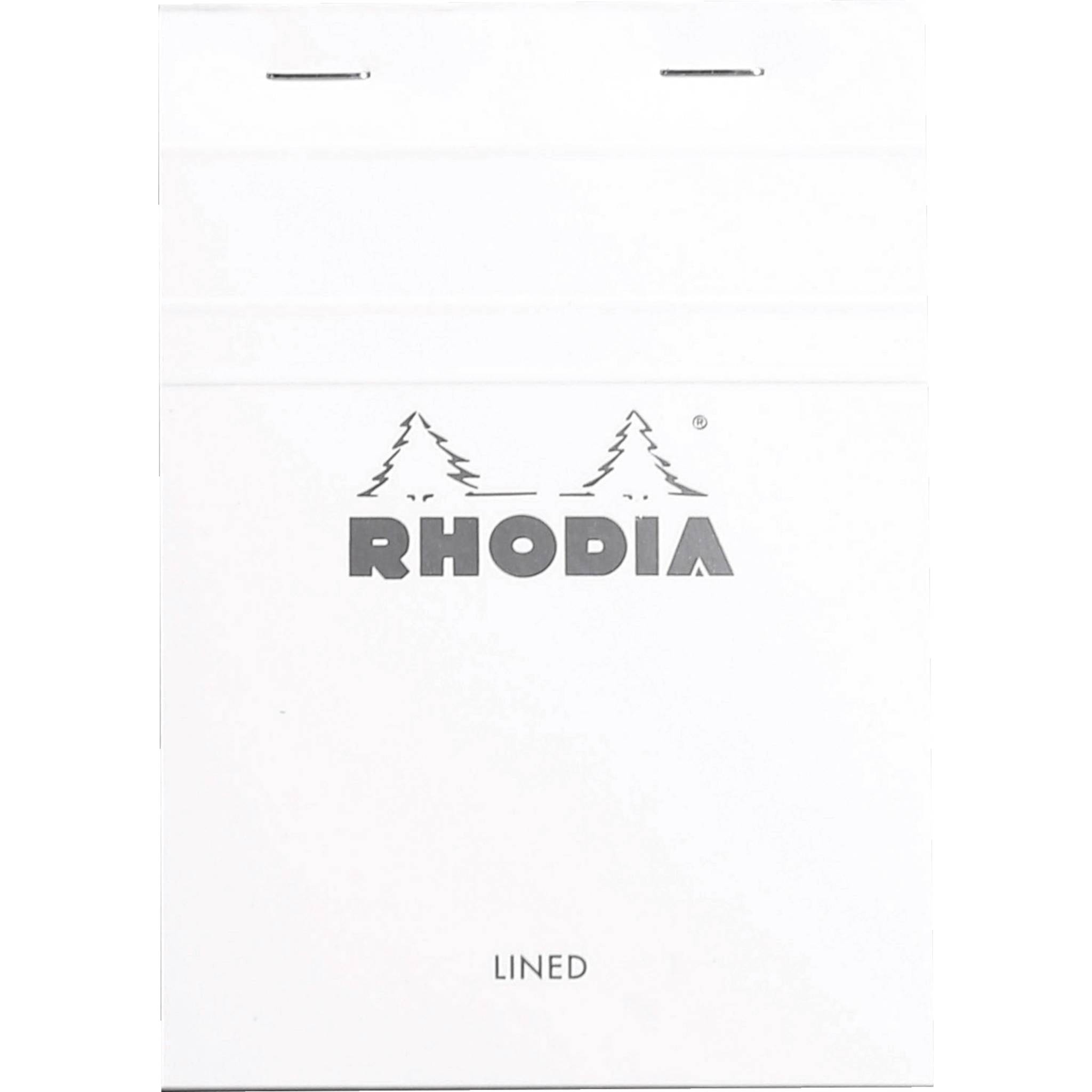 Weißer RHODIA Notizbuch-Umschlag mit Linien und zwei Baumlogos sowie dem Wort „LINIERT