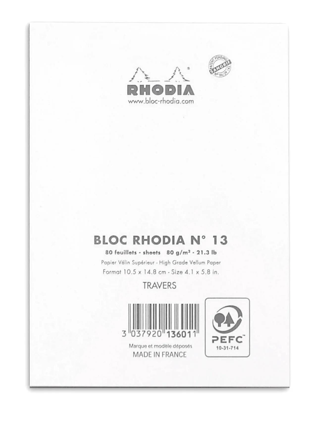 Rhodia Notizbuch-Umschlag mit Markenlogo, Website und Produktdetails: 'Bloc Rhodia N° 13', 80 Blatt, 80 g/m², Made in France.