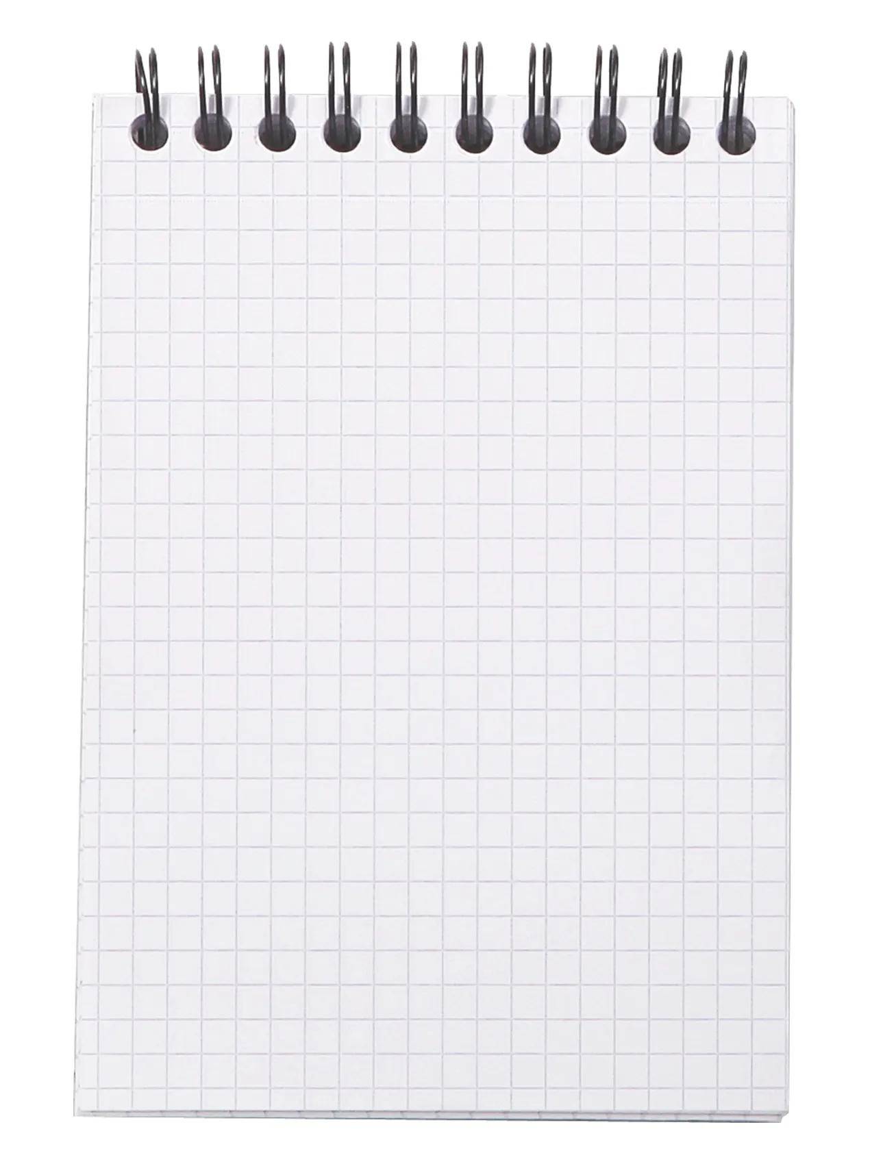 Eine leere Seite aus einem Notizbuch mit Millimeterpapier mit einer Spiralbindung oben, die ein Gitter aus kleinen Quadraten aufweist.