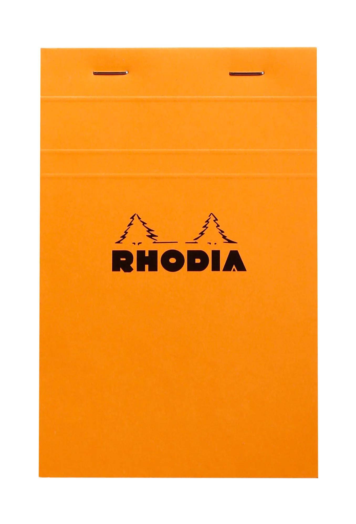 Ein orangefarbener Notizbucheinband mit dem Text „RHODIA