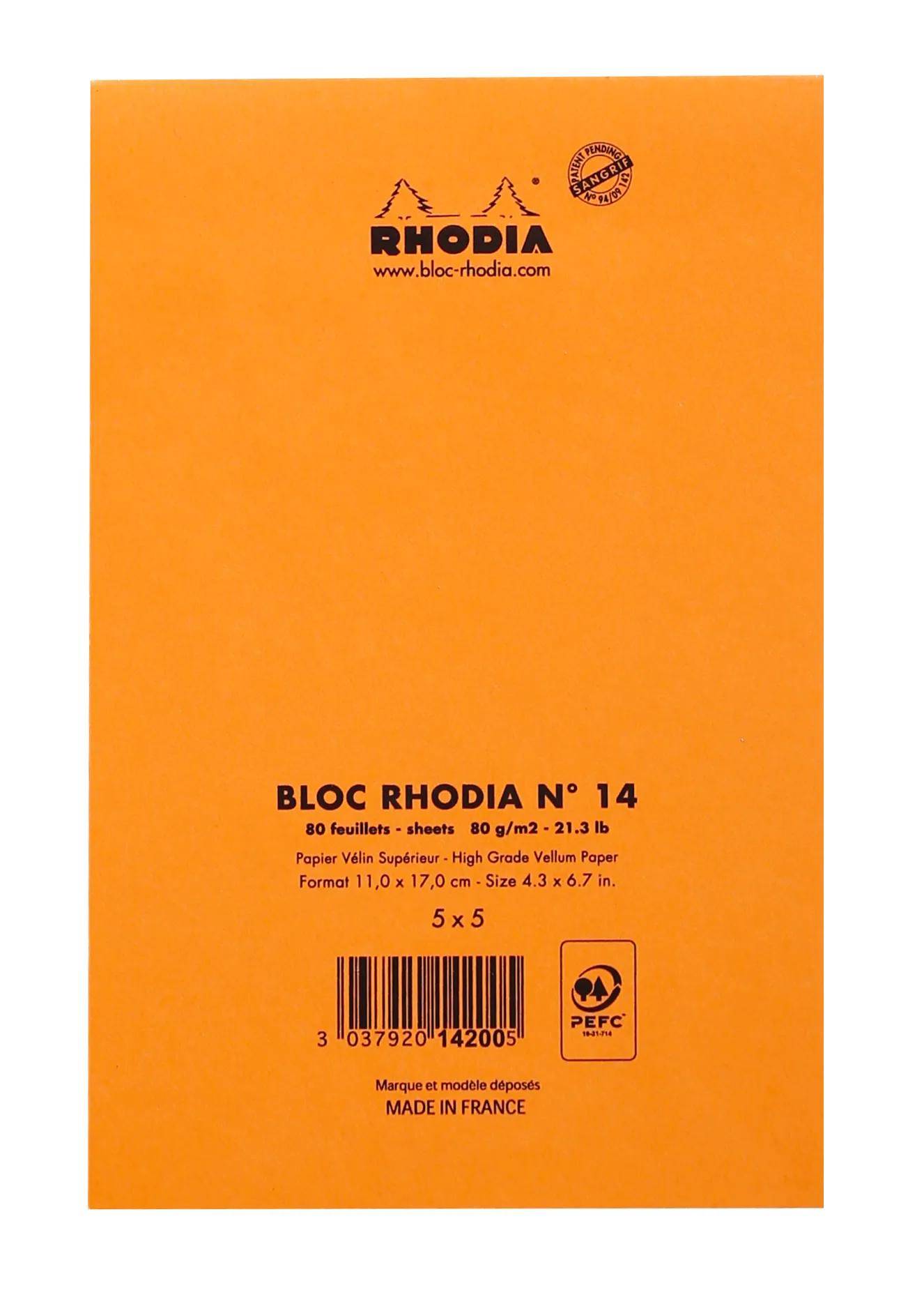 Oranges Rhodia-Notizbuch mit 80 Blatt, 80 g/m² Papier, 'Bloc Rhodia No. 14', Größe 11 x 17 cm. Hergestellt in Frankreich, PEFC-zertifiziert.