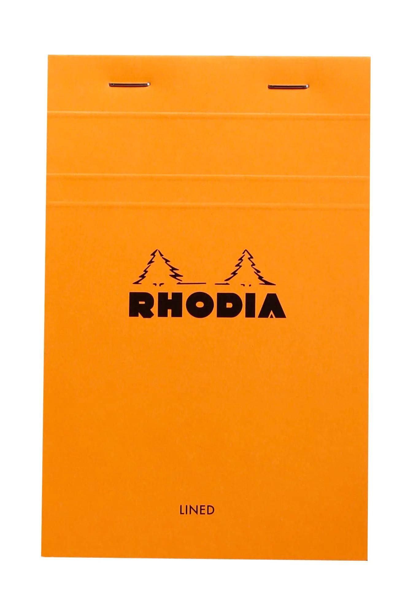 Ein orangefarbener Notizblockdeckel mit dem Markennamen „Rhodia